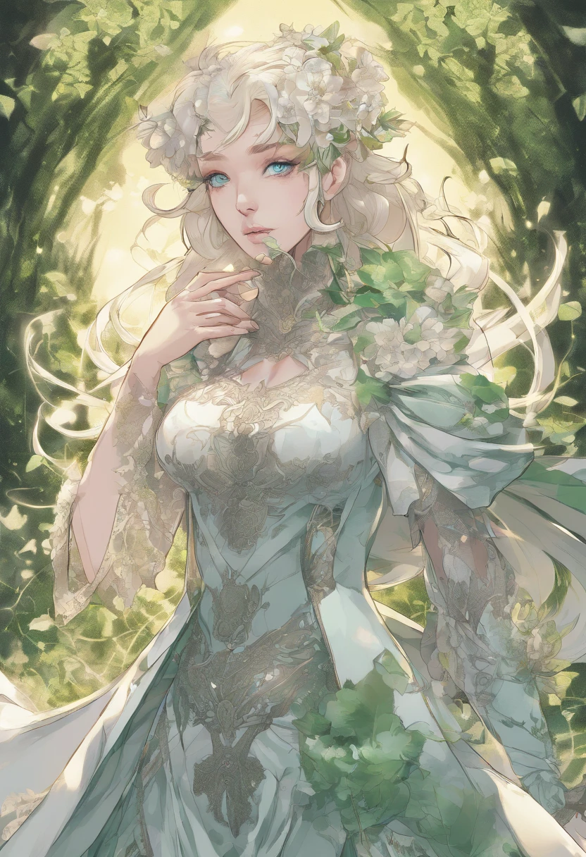 anime, flat vector art, {stunning male fairy elf}, Luminous Studio graphics engine, goth Renaissance, long blonde hair, ethereal mint green irises, light skin, perfect and detailed angular sharp diamond shaped human face, gold, Ray tracing, full lips, {defined blonde eyebrows}, leaves, gold,green glitter, luxurious forest detailed background, green uniform, (1guy), sharp focus, perfect anatomy, extremely detailed illustration, approaching perfection, dynamic, intricate details, ultra high definition, 8k resolution, glamour, glimmer, ethereal, {art by Ayami Kojima}, {art by Heise}, artstation, aesthetic, gothic, Lace, concept art, smooth, dreamy, backlit, fantastical, shadows, smooth, illustration, androgynous
