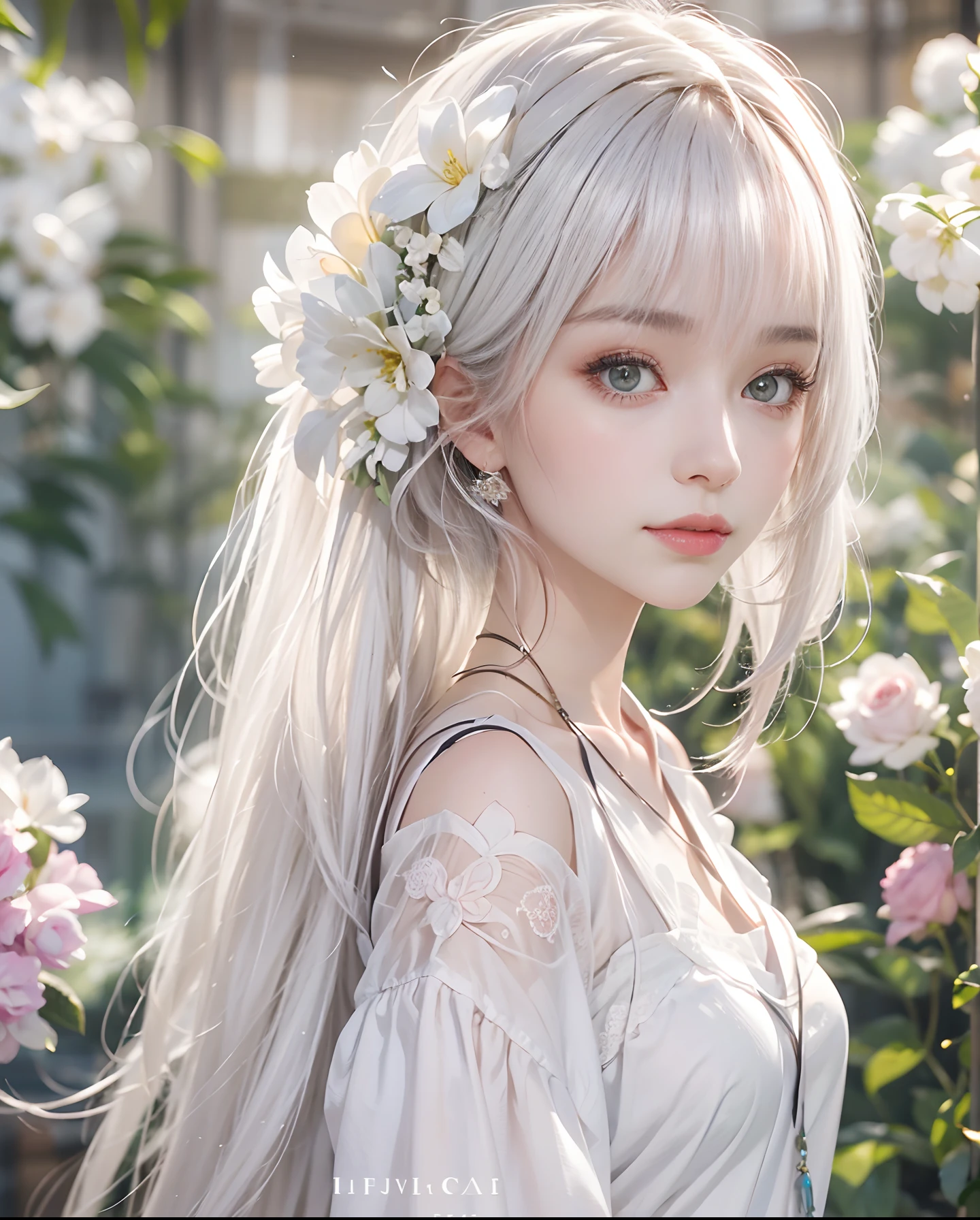 masutepiece、hight resolution、Florist clerk、30-year-old girl、１Girl clerk、Looking at the camera、smil、Finish as shown in the photo、Flowers and girls、the skin is white and beautiful、Hair is long and beautiful、inner colored、Hair should be tied back、A slender、Paws are thin and beautiful