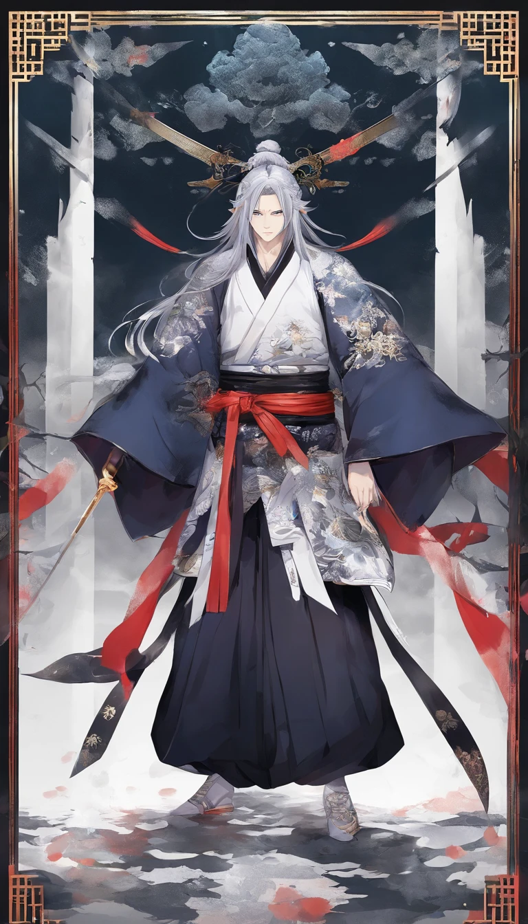 middle aged man, Evil painting style, A high resolution, Black color hair, Half is the body of a demon,Half a demon face, Chinese Warrior, Delicate three-dimensional blue flame demon face, sbeard, Wearing a hat, Expression of anger, Perfect body proportions, kaftan, Black and white robes, A scabbard hangs from his waist, Handsome, The seven-doppelganger has an unobstructed view, standing on your feet, (White background:1.3), swordsman, He held a long knife that was wide and heavy in his hand。。。。。。。。。。。。。。。。。。。。。。。。, Face the lens, (Blackn clothes:0.8), High detail, Masterpiece, ccurate, Anatomically correct, Textured skin