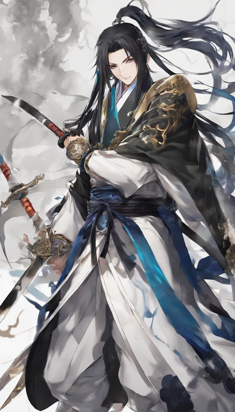 middle aged man, Evil painting style, A high resolution, Black color hair, Half is the body of a demon，Half a demon face, Chinese Warrior, Delicate three-dimensional blue flame demon face, sbeard, Wearing a hat, Expression of anger, Perfect body proportions, kaftan, Black and white robes, A scabbard hangs from his waist, Handsome, The seven-doppelganger has an unobstructed view, standing on your feet, （White background：1.3）, swordsman, He held a long knife that was wide and heavy in his hand。。。。。。。。。。。。。。。。。。。。。。。。, Face the lens, （Blackn clothes：0.8）, High detail, Masterpiece, ccurate, Anatomically correct, Textured skin