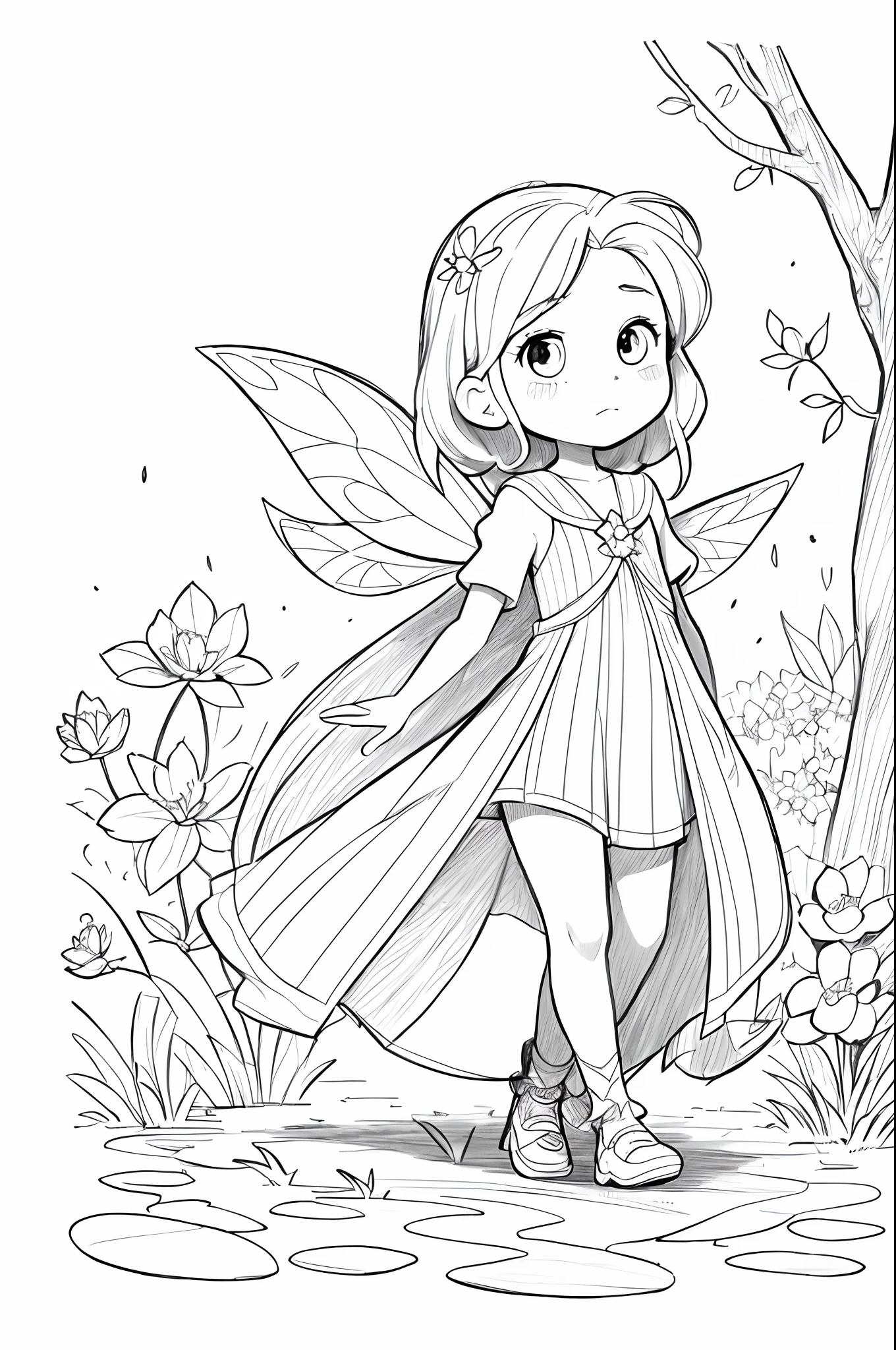 (((Dibujo para colorear))), ((Drawing for children)), ((lineas gruesas un anchas)), ((blanco y negro)), cuento de hadas, Fairy drawing for girls, hermosas hadas con vestidos florales, hermosas alas