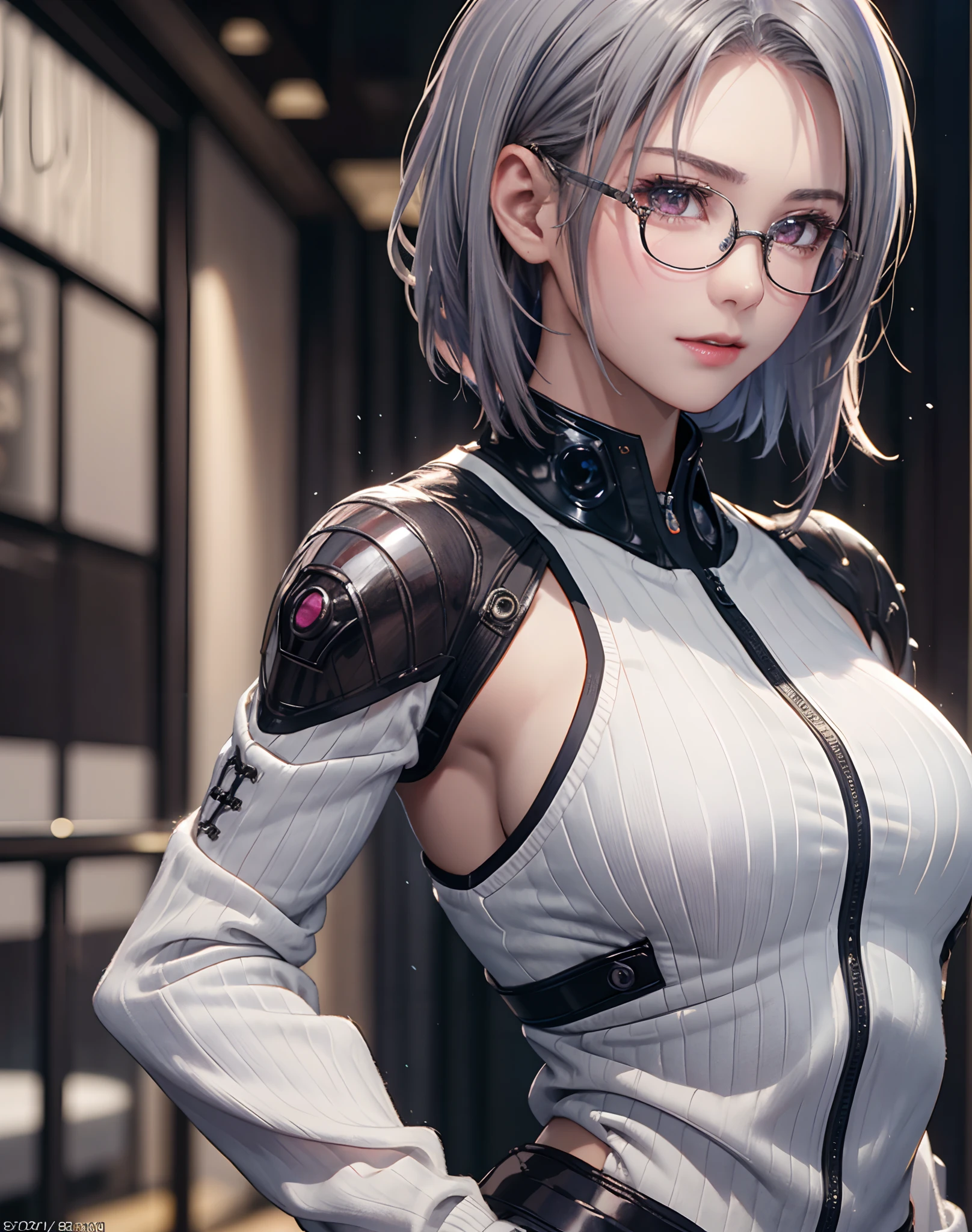 (8K, Photorealistic, Raw photo, of the highest quality: 1.3), (1girl in), Super beautiful, (Realistic face), (boyish, Silver Color Berry Shorthair), Beautiful cyberpunk suit, Glare that captivates the viewer, Beautiful expression, Beautiful breasts, (Realistic skin), Beautiful...