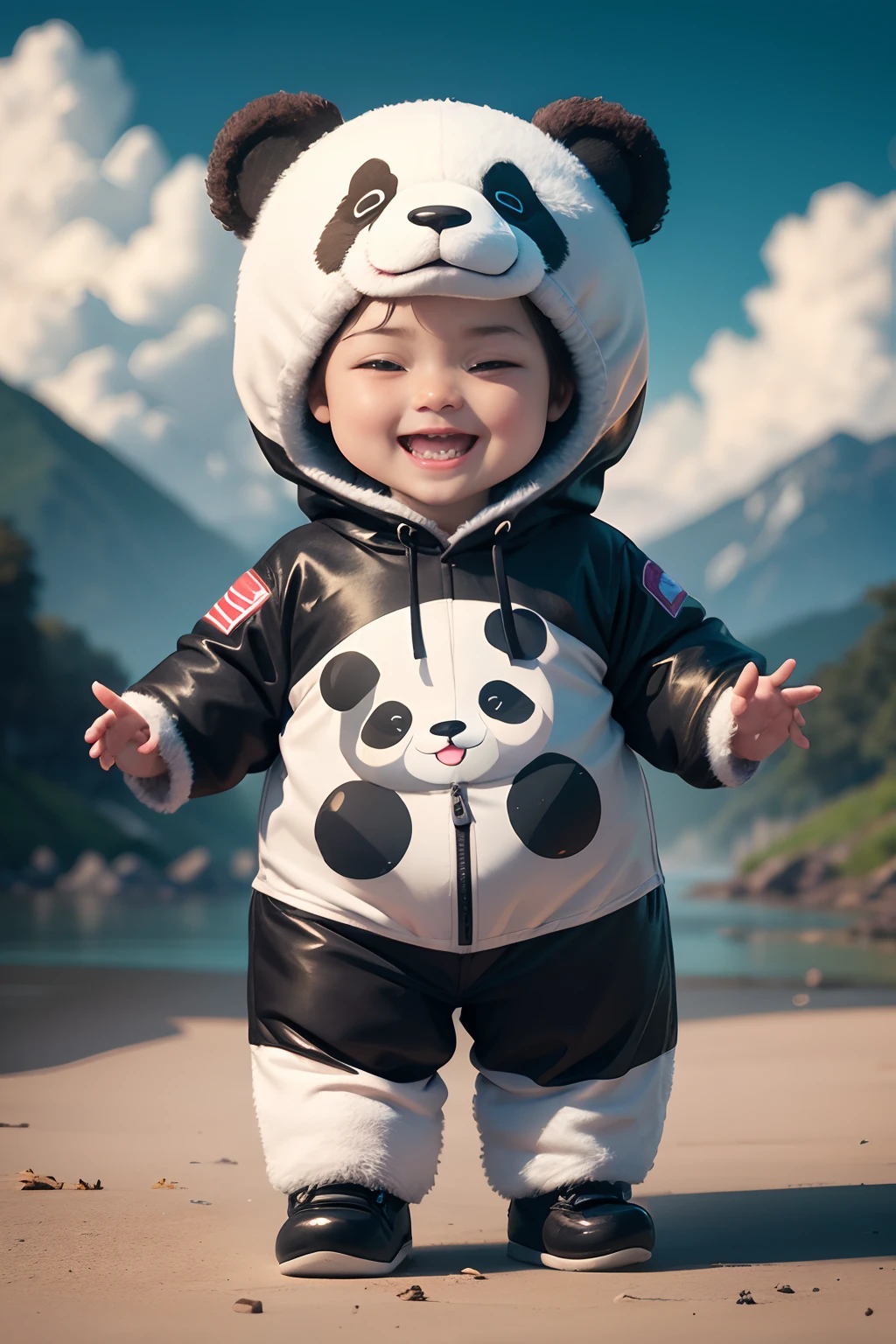 create a  character wearing panda costume, full body, front facing, high definition, 8k , engine 5, vibrant colors, ultra high detail, smiling, waving, with five fingers, realistic, fix hand, fix face