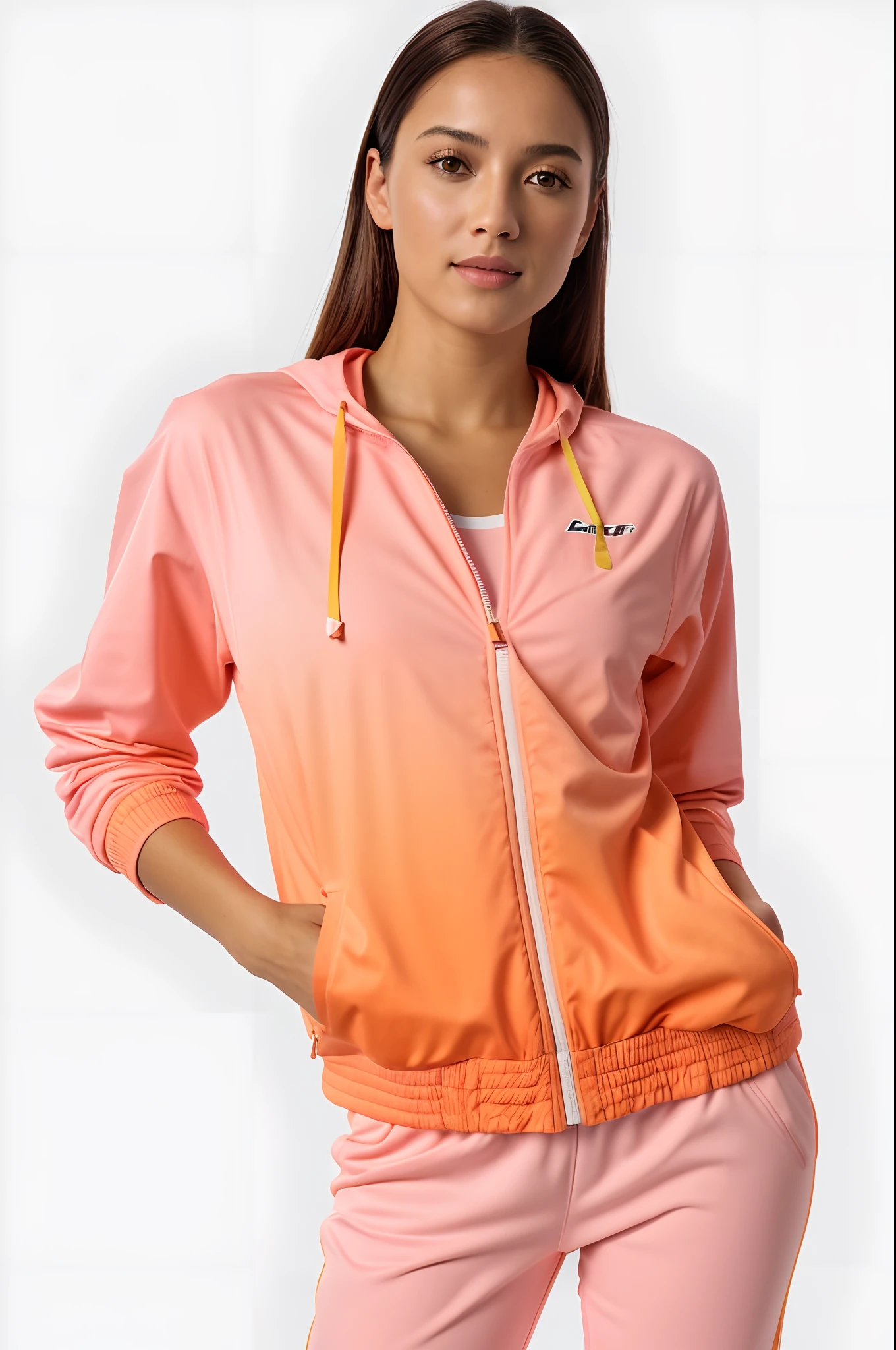 a woman in a pink jacket and pink pants posing for a photo, jaqueta laranja, Hodie Mihi Cras Tibi, suit jacket, roupas esportivas, jaqueta esportiva, roupas esportivas, gradiente laranja, Capuz laranja, roupas esportivas fofas, Splendid, wearing a track suit, vestindo terno de atletismo, agasalho esportivo, gradiente laranja, stunning gradient colors, 4 0 9 6, peach blossom, fotografia realista, fotografia, obra-prima, realista, Realismo, renderizado, Alto contraste, Arte Digital, fotográficorealista, trend in Artstation 8k HD, high definiton, circunstanciado, Realistic, detalhada, textura da pele, hiperdetalhada, Textura realista da pele, melhor qualidade, ultra high-resolution, (fotografia realista: 1.4), alta resolução, detalhada, fotografia crua, sharp resolution, Nikon D850 filmes, fotografia de stock 4, Kodak Portra 400 Camera F1 Lens.6, textura hiper realista, lighting dramatic, Unrealistic trend in Artstation Cinestill 800, ......RAW.
