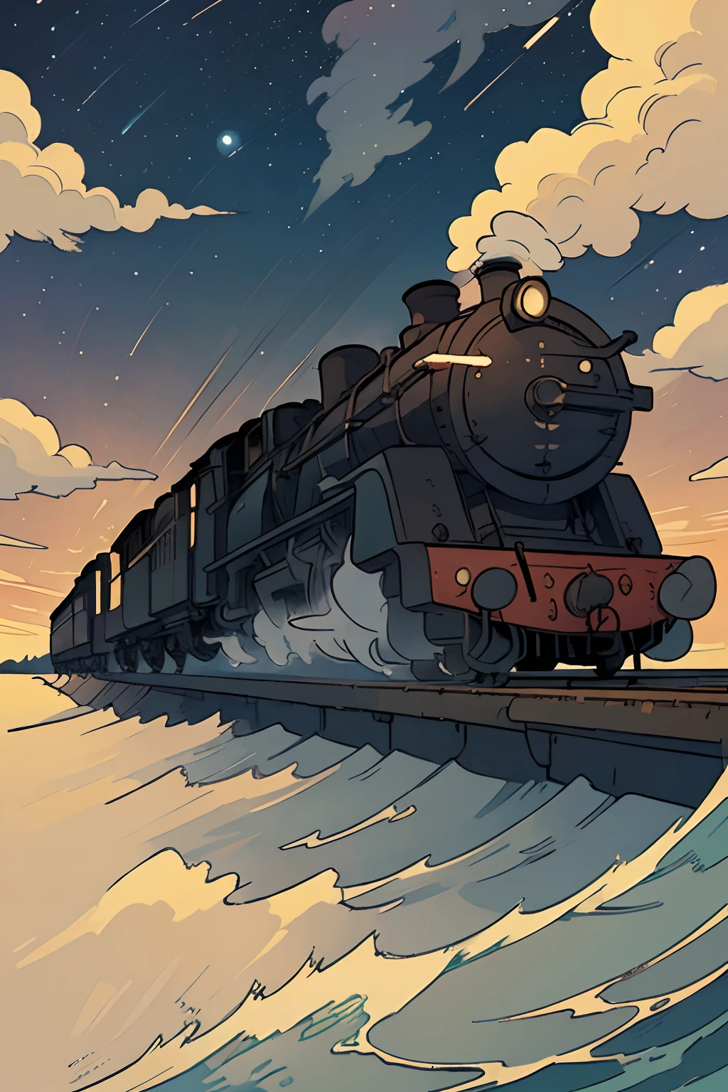 beautiful and asethetic, masterpiece, movie poster, best quality, drawing of a side view of a steam train travelling over water with a celestial sky in the background at night, muted colors, by james jean style