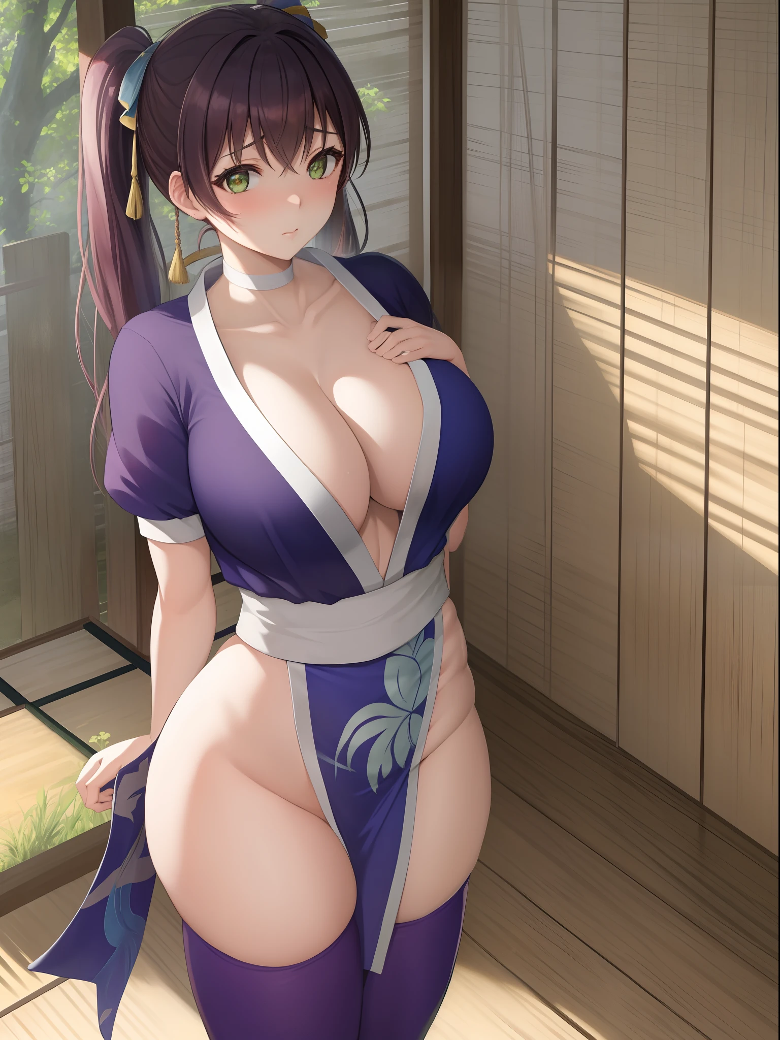 masterpiece, best quality, toujo nozomi, green eyes, twintails, blue japanese clothes, large breasts, cleavage, thighs, thighhighs, curvy body, arms behind back, embarrassed, cowboy shot , BREAK dojo, japanese architecture, llchar, sweating,(short hair:0.8), sexy