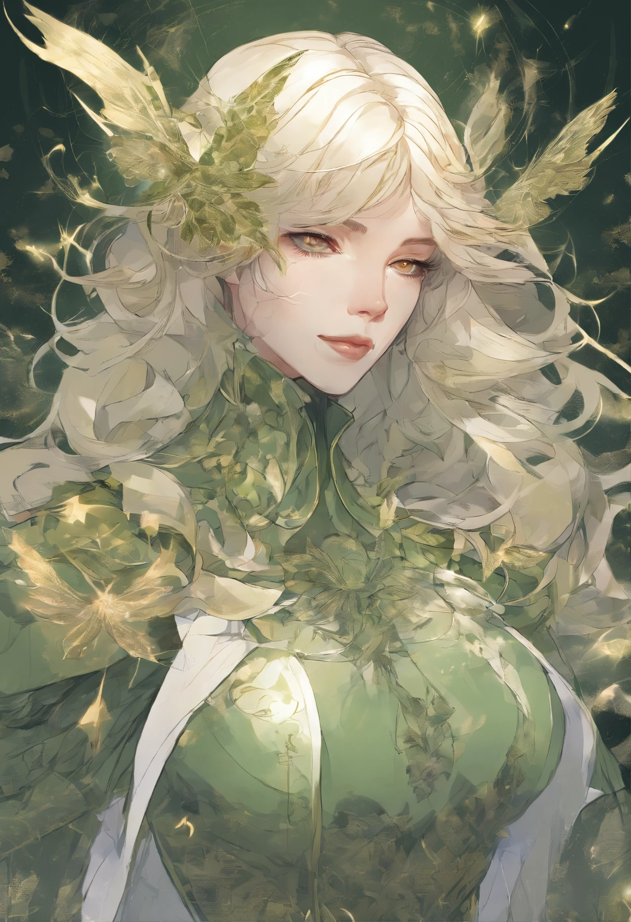 anime, flat vector art, {stunning male fairy elf}, Luminous Studio graphics engine, goth Renaissance, long blonde hair, ethereal mint green irises, light skin, perfect and detailed angular sharp diamond shaped human face, gold, Ray tracing, full lips, {defined blonde eyebrows}, leaves, gold,green glitter, luxurious forest detailed background, green uniform, (1guy), sharp focus, perfect anatomy, extremely detailed illustration, approaching perfection, dynamic, intricate details, ultra high definition, 8k resolution, glamour, glimmer, ethereal, {art by Ayami Kojima}, {art by Heise}, artstation, aesthetic, gothic, Lace, concept art, smooth, dreamy, backlit, fantastical, shadows, smooth, illustration, androgynous