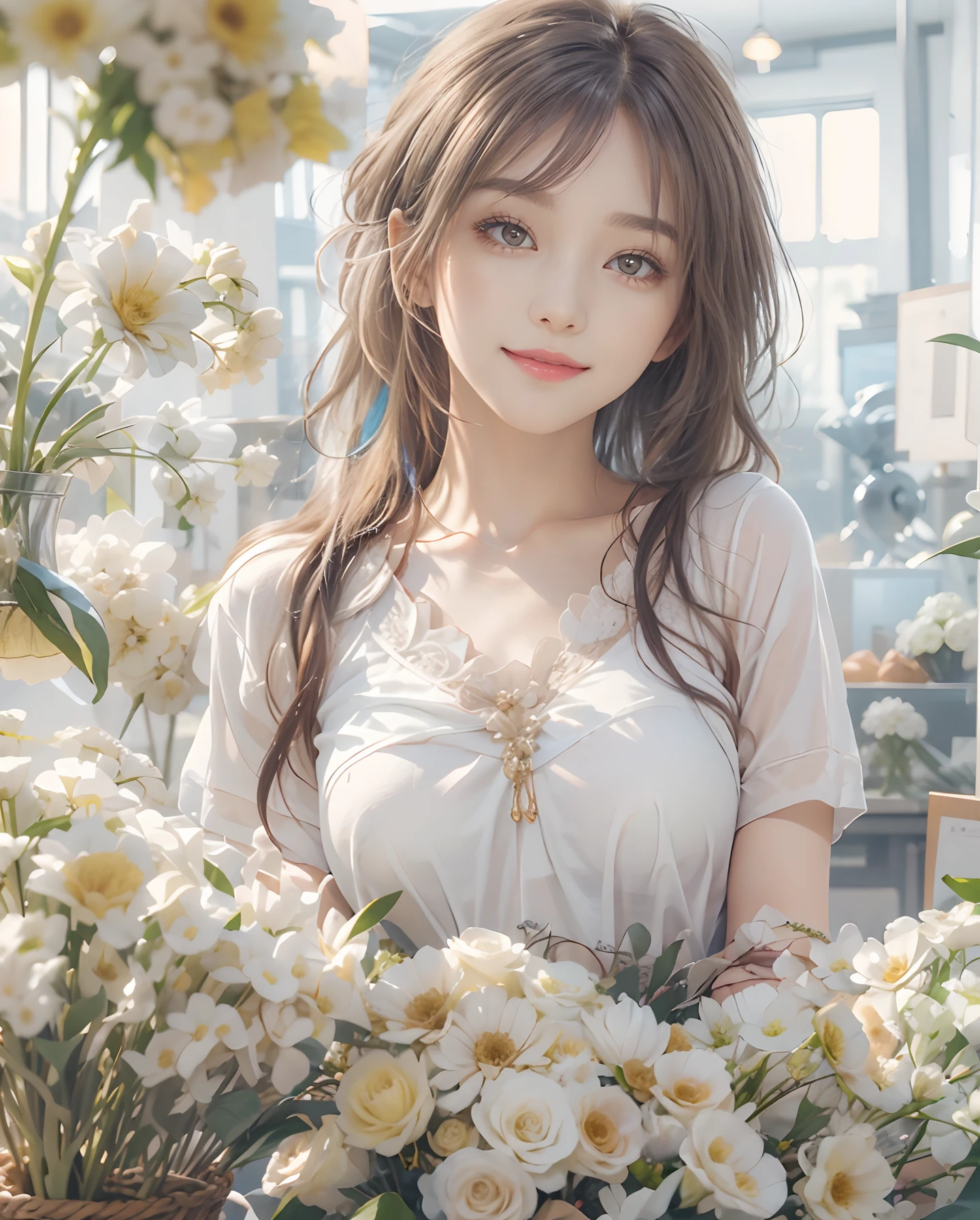 masutepiece、hight resolution、Florist clerk、30-year-old girl、1Girl clerk、Looking at the camera、smil、Finish as shown in the photo、Flowers and girls、the skin is white and beautiful、Hair is long and beautiful、inner colored、Hair should be tied back、A slender、legs are thin and beautiful