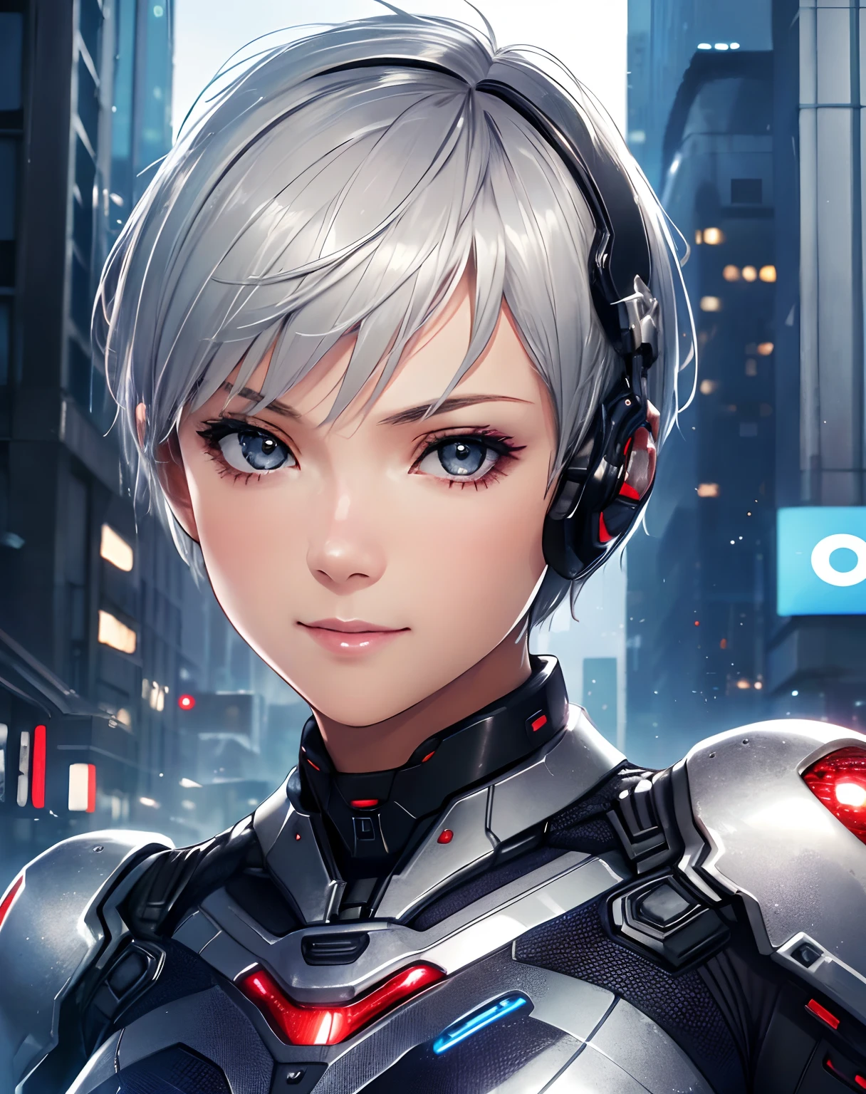 (8k, photorealistic, RAW photo, top quality: 1.4), (1girl), super beautiful, (realistic face), (boyish, silver-colored berry short hair), beautiful cyberpunk suit, glares seducing viewer, beautiful expression, beautiful breasts, (realistic skin), beautiful smile, (soldier), attractive, ultra high resolution, ultra realistic, high definition, spoiled