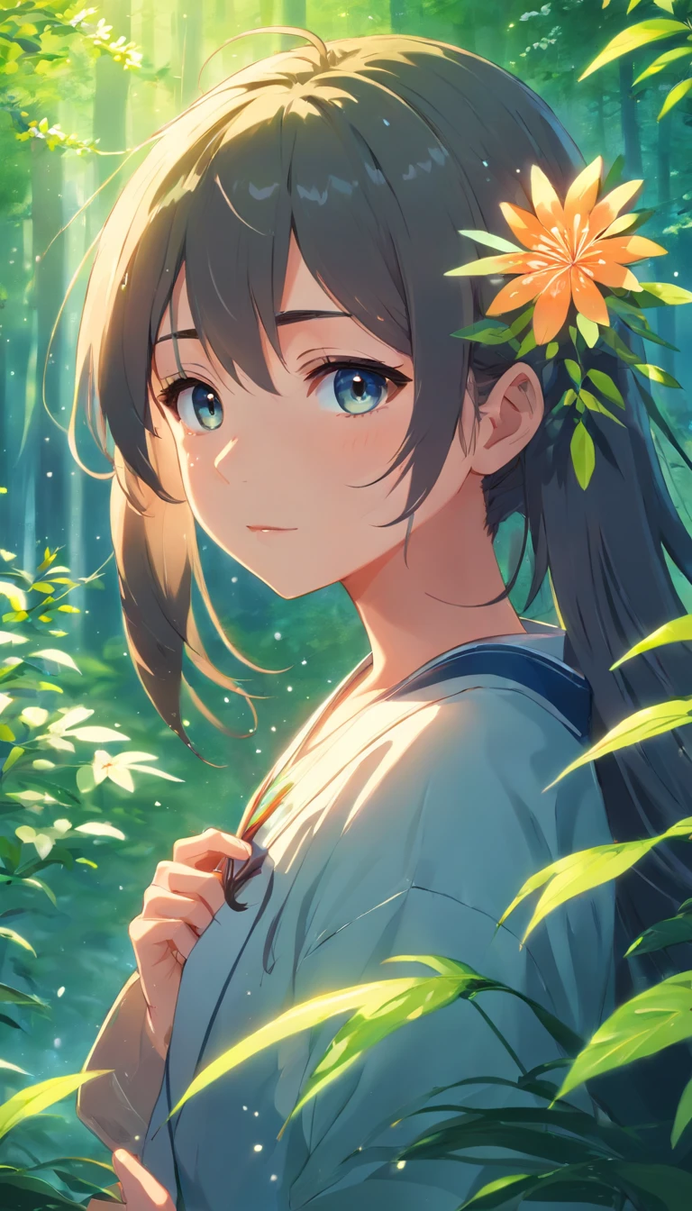 anime girl with long hair and flower in her hair, Beautiful anime artwork, style of anime4 K, Anime art wallpaper 4k,Rainy days,janelas,the woods,Bust photo
