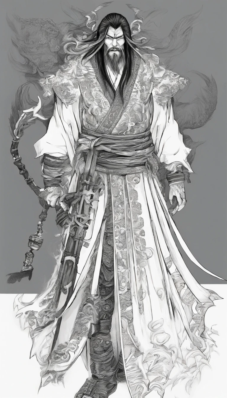 middle aged man, Evil painting style, A high resolution, Black color hair, Half is the body of a demon,Half a demon face, Chinese Warrior, Delicate three-dimensional blue flame demon face, sbeard, Wearing a hat, Expression of anger, Perfect body proportions, kaftan, Black and white robes, A scabbard hangs from his waist, Handsome, The seven-doppelganger has an unobstructed view, standing on your feet, (White background:1.3), swordsman, He held a long knife that was wide and heavy in his hand。。。。。。。。。。。。。。。。。。。。。。。。。, Face the lens, (Blackn clothes:0.8), High detail, Masterpiece, ccurate, Anatomically correct, Textured skin