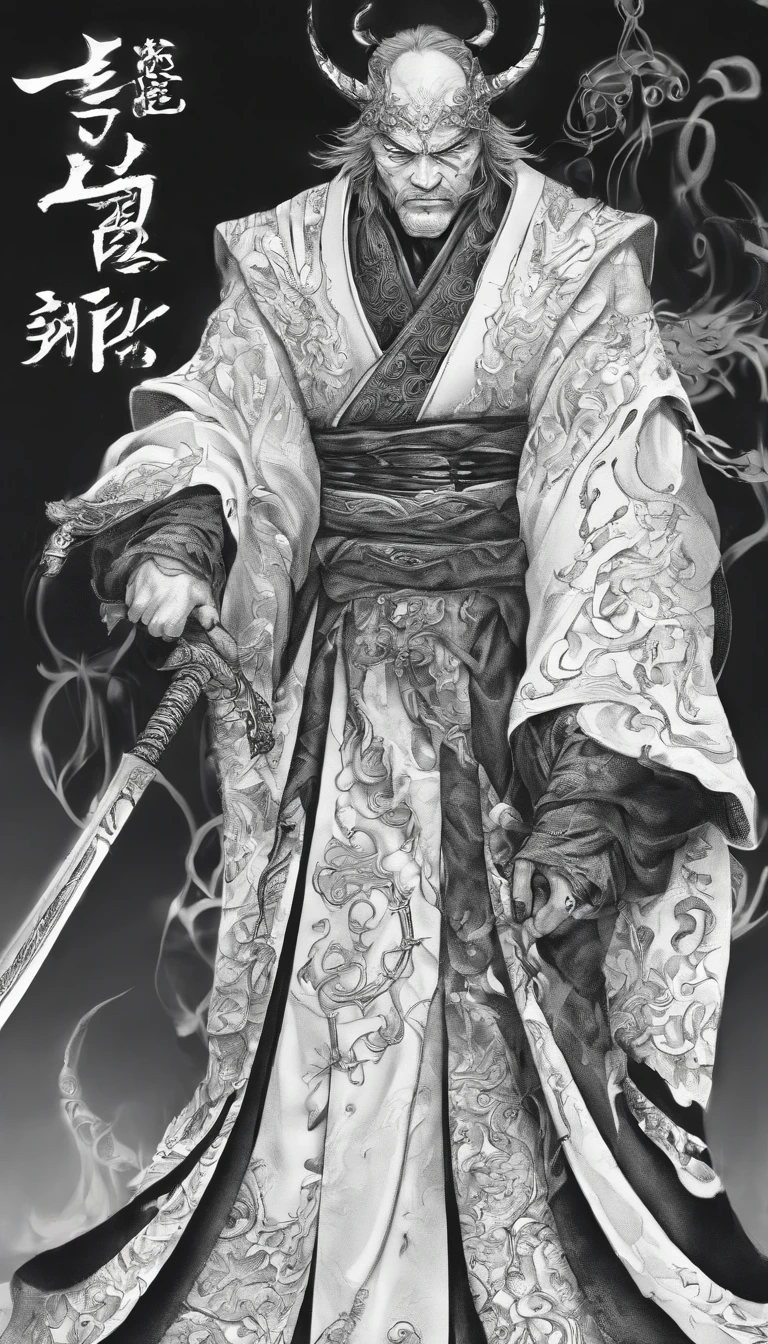 middle aged man, Evil painting style, A high resolution, Black color hair, Half is the body of a demon，Half a demon face, Chinese Warrior, Delicate three-dimensional blue flame demon face, sbeard, Wearing a hat, Expression of anger, Perfect body proportions, kaftan, Black and white robes, A scabbard hangs from his waist, Handsome, The seven-doppelganger has an unobstructed view, standing on your feet, （White background：1.3）, swordsman, He held a long knife that was wide and heavy in his hand。。。。。。。。。。。。。。。。。。。。。。。。。, Face the lens, （Blackn clothes：0.8）, High detail, Masterpiece, ccurate, Anatomically correct, Textured skin