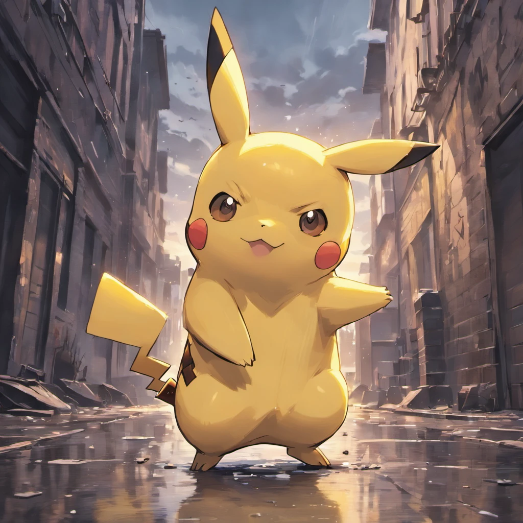 dead pikachu,"dark and gloomy","abandoned city",broken glass shards,decaying buildings,"ominous clouds","rusty metal",empty streets,fading graffiti,puddles of rainwater,"eerie silence",(best quality,4k,highres:1.2),ultra-detailed,post-apocalyptic,monochromatic color palette=subdued tones,harsh lighting