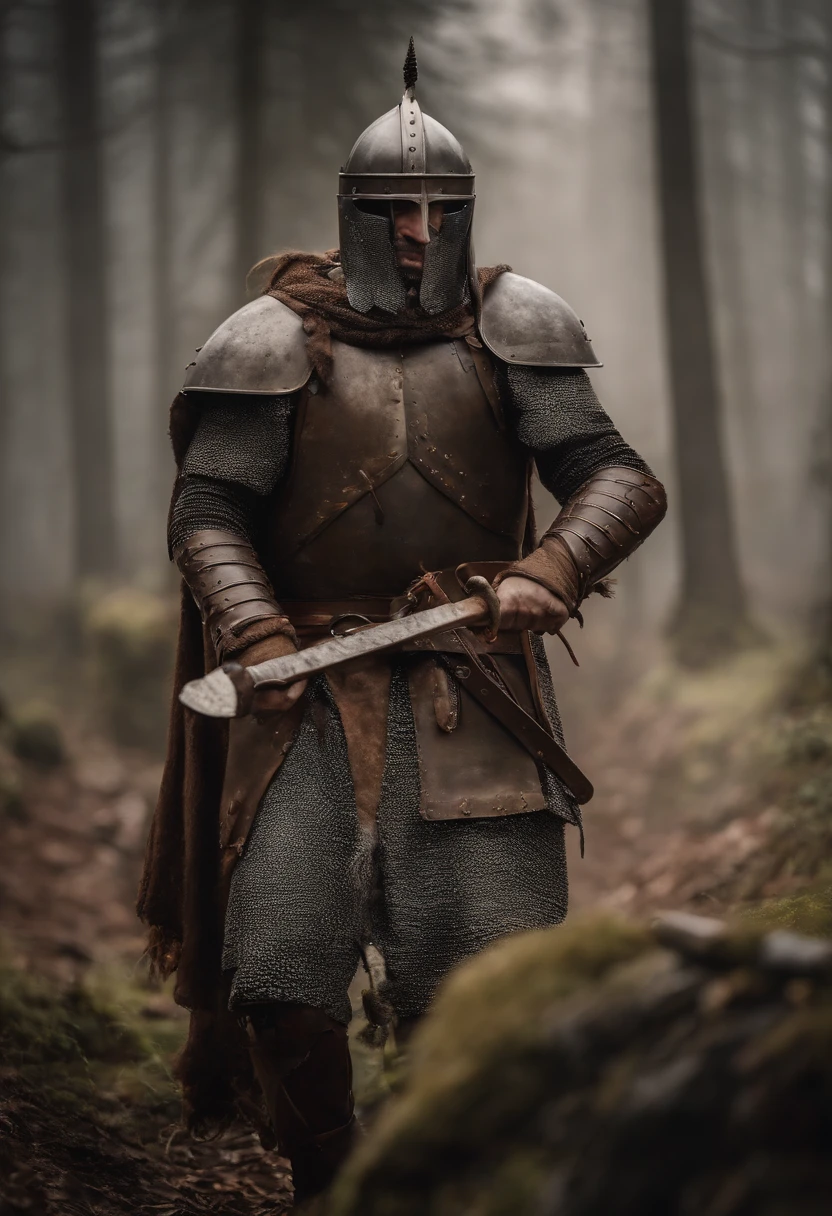A warrior with an axe,Dressed in medieval armor,8k,ultraclear,art of photography,rich details,Cinematic texture。
