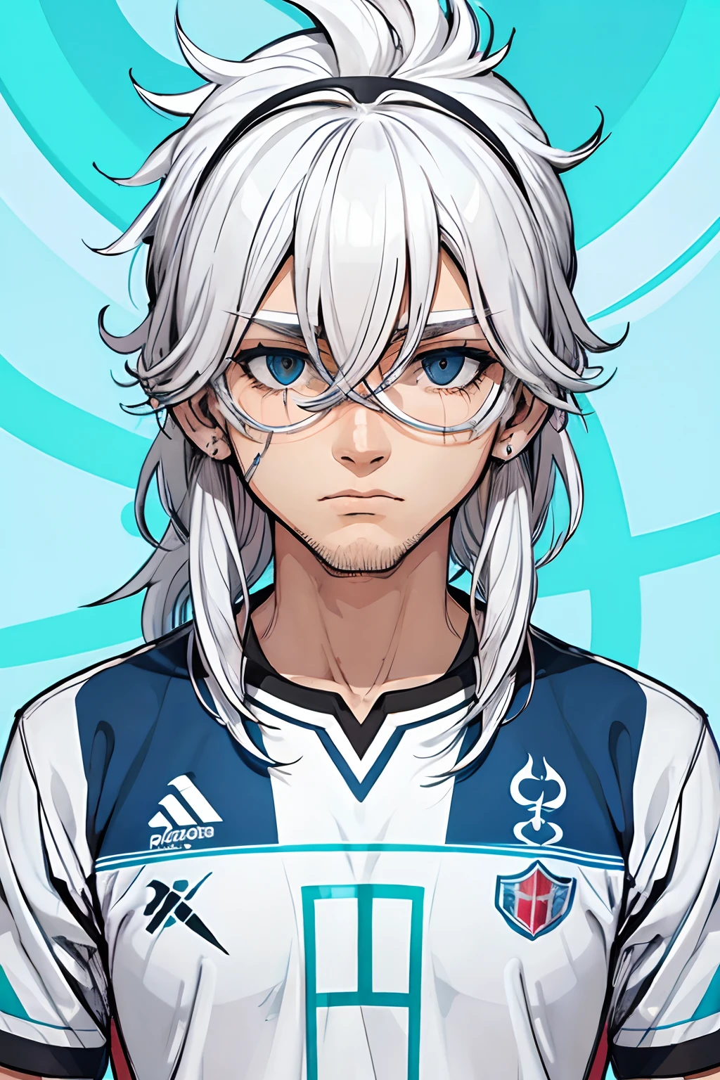 Homem, cabelo branco e escuro em chamas, olhos escuros e rosto queimado, uniform soccer