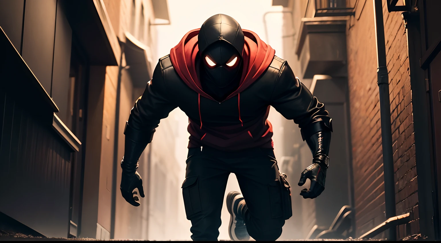 "In a dark and gloomy alley of the city at night, um homem misterioso se move nas sombras, wearing a red and black hoodie reminiscent of Spider-Man's iconic colors. His face is hidden under the shadow of the hood, adding an air of mystery to his figure. He exudes confidence as he moves silently, with each step demonstrating remarkable agility and dexterity. His stance is firm and resolute., suggesting that he is determined to fulfill his secret mission, seja qual for ela."
