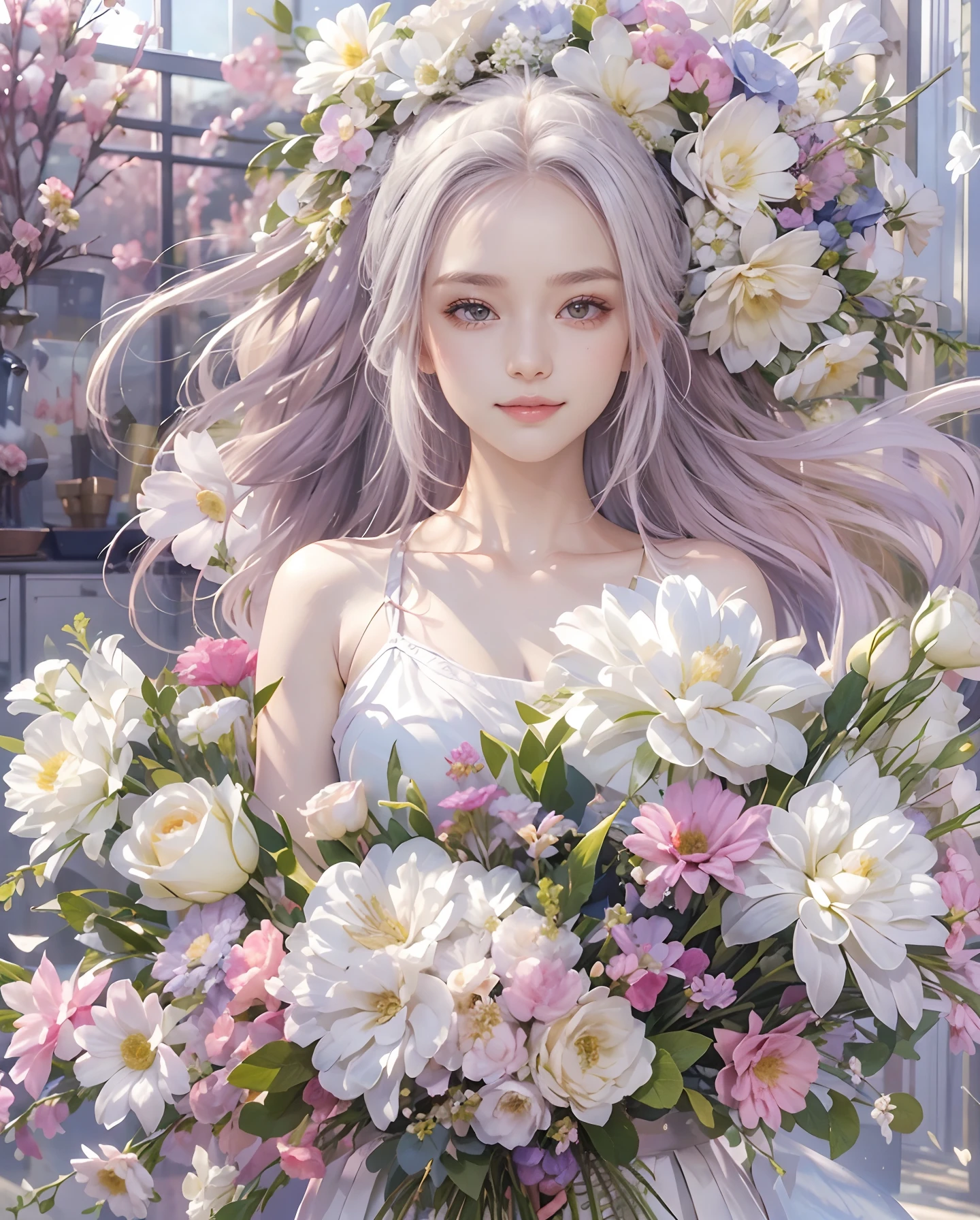 masutepiece、hight resolution、Florist clerk、30-year-old girl、１Girl clerk、Looking at the camera、smil、Finish as shown in the photo、Flowers and girls、the skin is white and beautiful、Hair is long and beautiful、inner colored、Hair should be tied back、A slender