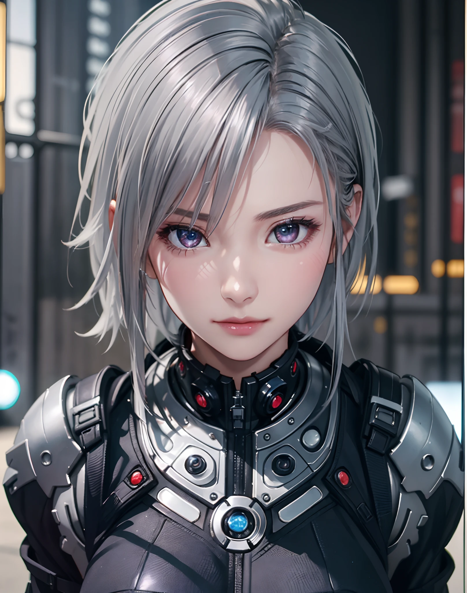 (8K, Photorealistic, Raw photo, of the highest quality: 1.3), (1girl in), Super beautiful, (Realistic face), (boyish, Silver Color Berry Shorthair), Beautiful cyberpunk suit, Glare that captivates the viewer, Beautiful expression, Beautiful breasts, (Realistic skin), Beautiful...