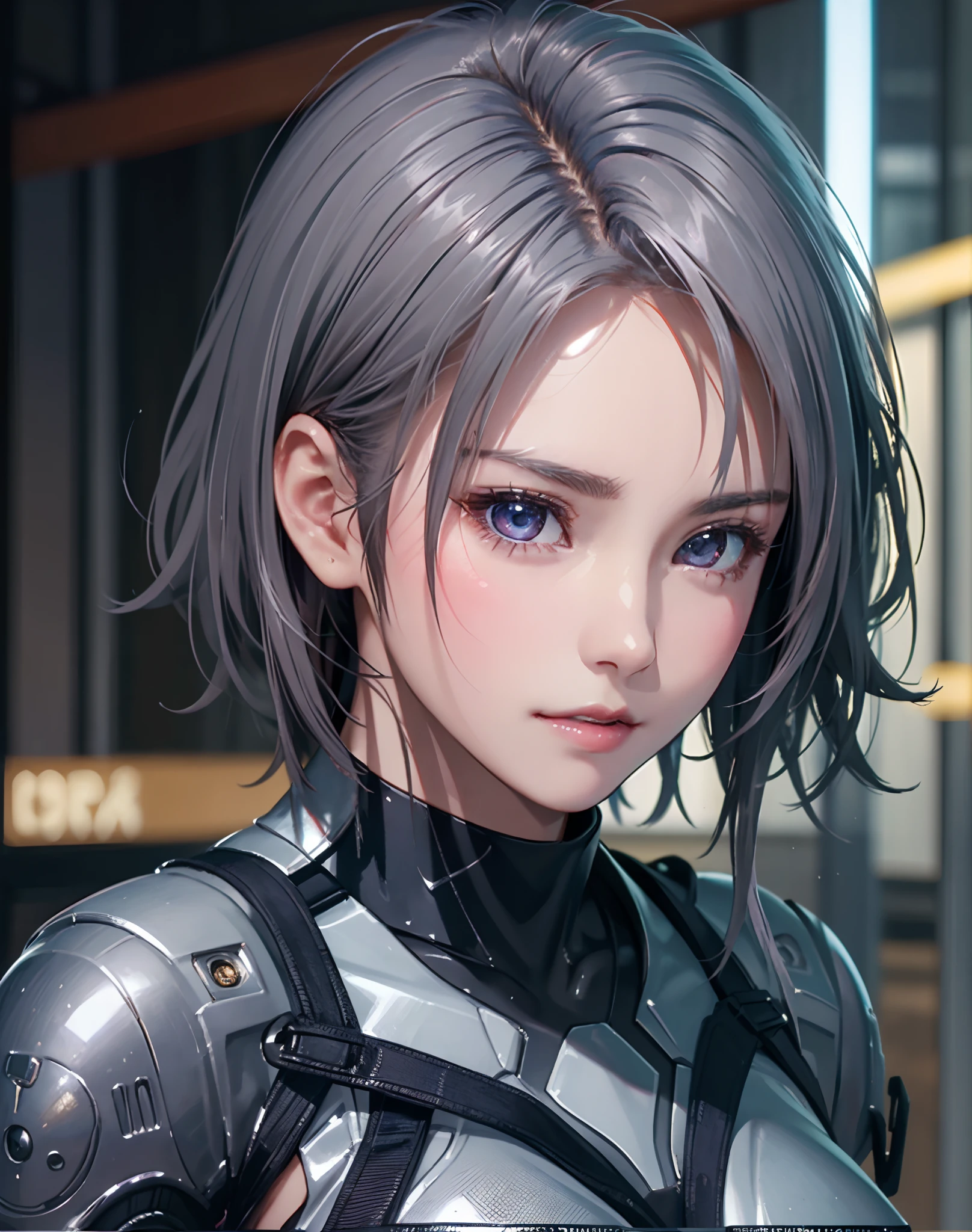 (8K, Photorealistic, Raw photo, of the highest quality: 1.3), (1girl in), Super beautiful, (Realistic face), (boyish, Silver Color Berry Shorthair), Beautiful cyberpunk suit, Glare that captivates the viewer, Beautiful expression, Beautiful breasts, (Realistic skin), Beautiful...