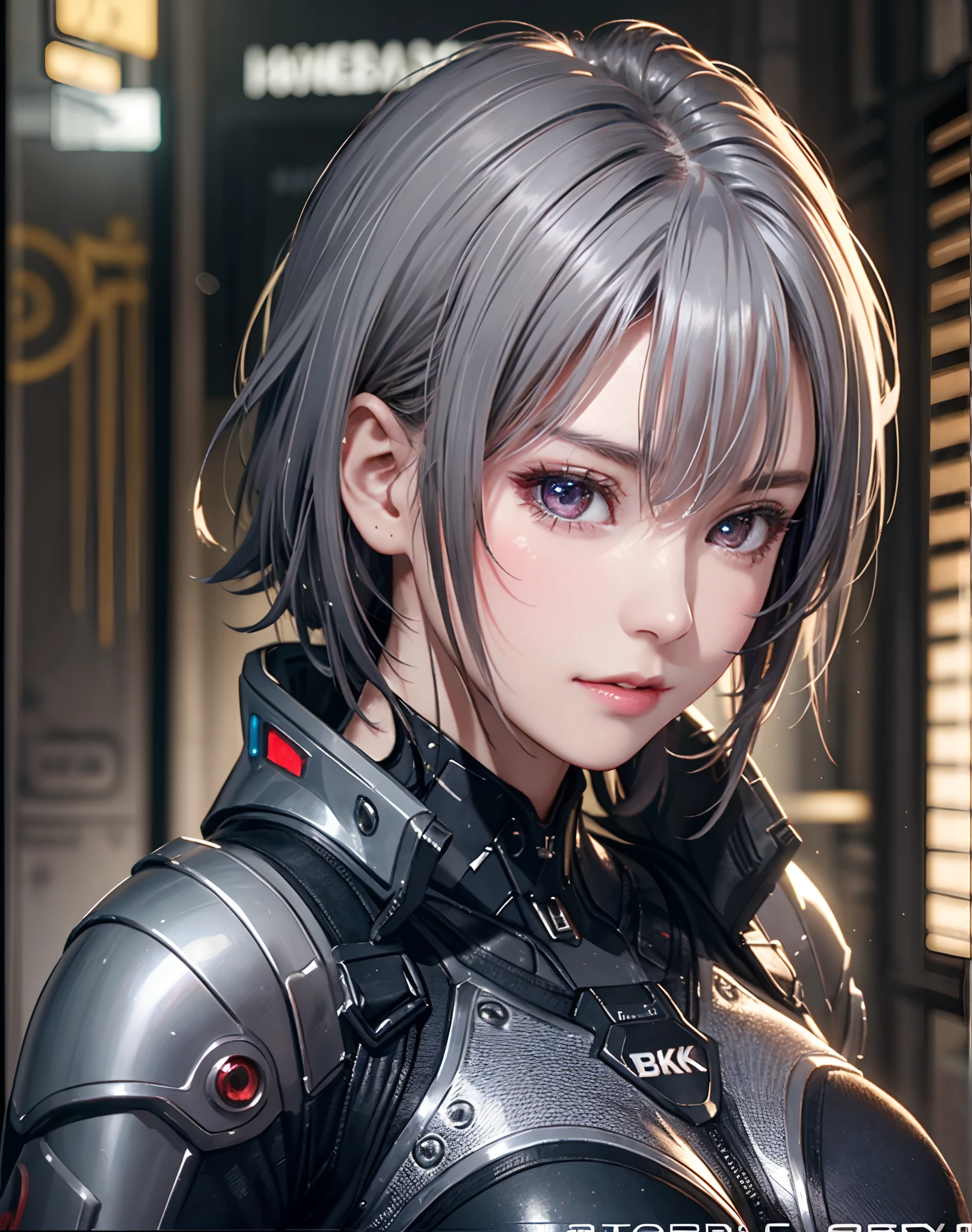 (8K, Photorealistic, Raw photo, of the highest quality: 1.3), (1girl in), Super beautiful, (Realistic face), (boyish, Silver Color Berry Shorthair), Beautiful cyberpunk suit, Glare that captivates the viewer, Beautiful expression, Beautiful breasts, (Realistic skin), Beautiful...