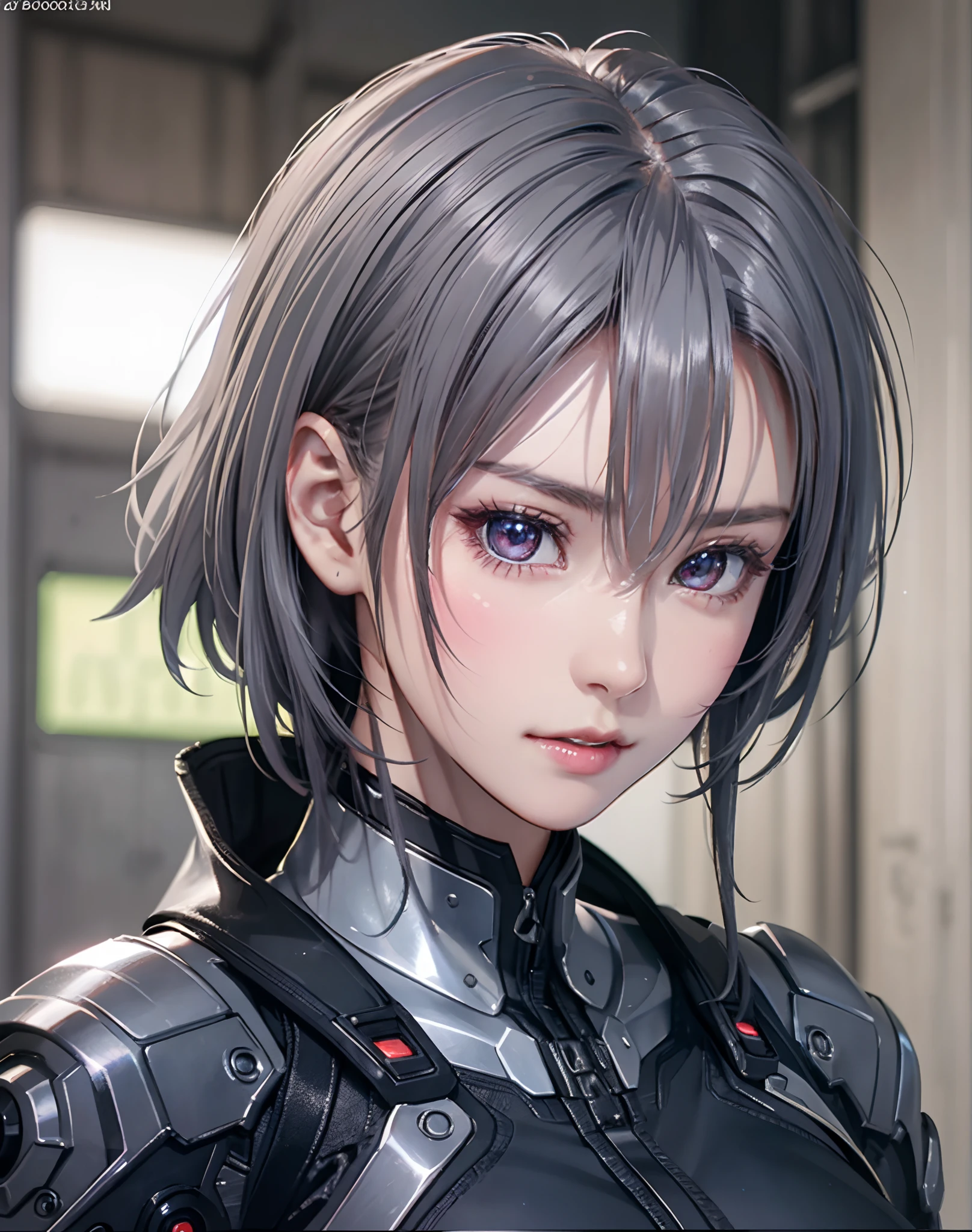 (8K, Photorealistic, Raw photo, of the highest quality: 1.3), (1girl in), Super beautiful, (Realistic face), (boyish, Silver Color Berry Shorthair), Beautiful cyberpunk suit, Glare that captivates the viewer, Beautiful expression, Beautiful breasts, (Realistic skin), Beautiful...