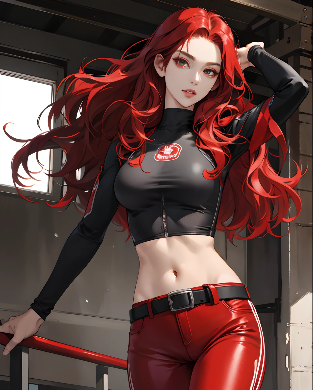 a cool,20th generation female,long red wavy hair,Leather Tight Pants,a belt,Navel Ejection,Tank Tops,glareing,With keen eyes,Realistic illustration girl、独奏、Parted lips、see the beholder、realisitic,20-year-old beauty,a cool,red eyes,length hair,waved hair,Forehead,Red and black and white racing suit,
