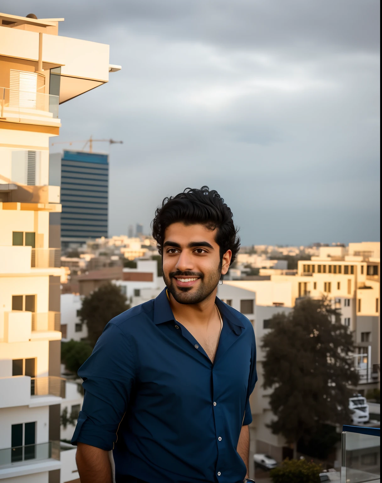 arafed man with glasses and beard standing on a balcony, mid shot portrait, sayem reza, jayison devadas, full body photogenic shot, with a city in the background, photo taken with sony a7r camera, closeup portrait shot, a portrait of rahul kohli, taken with sony a7r camera, shot on sony a 7, detailed portrait shot