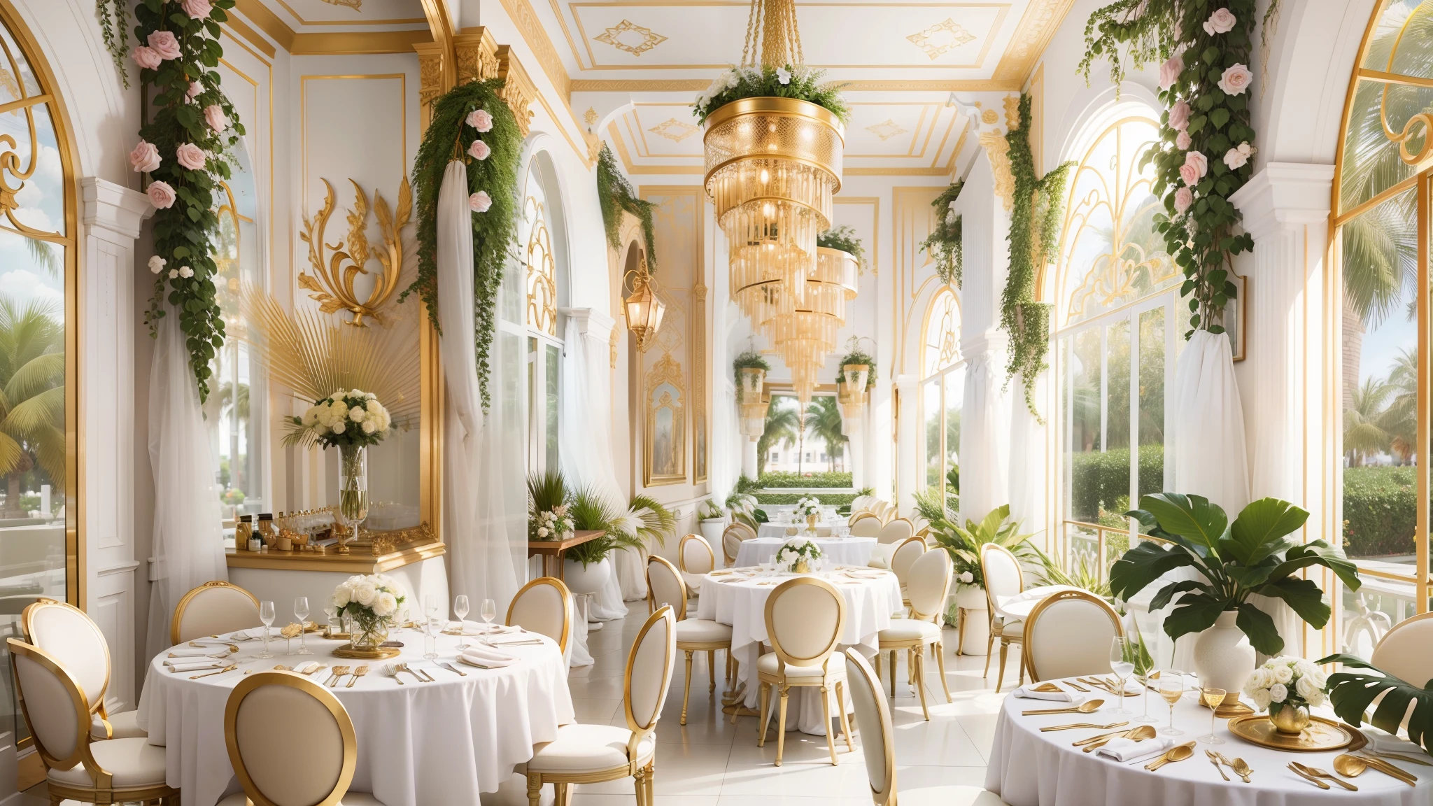 Garden style restaurant in Palm Beach, decorated in white, golds, Rosa