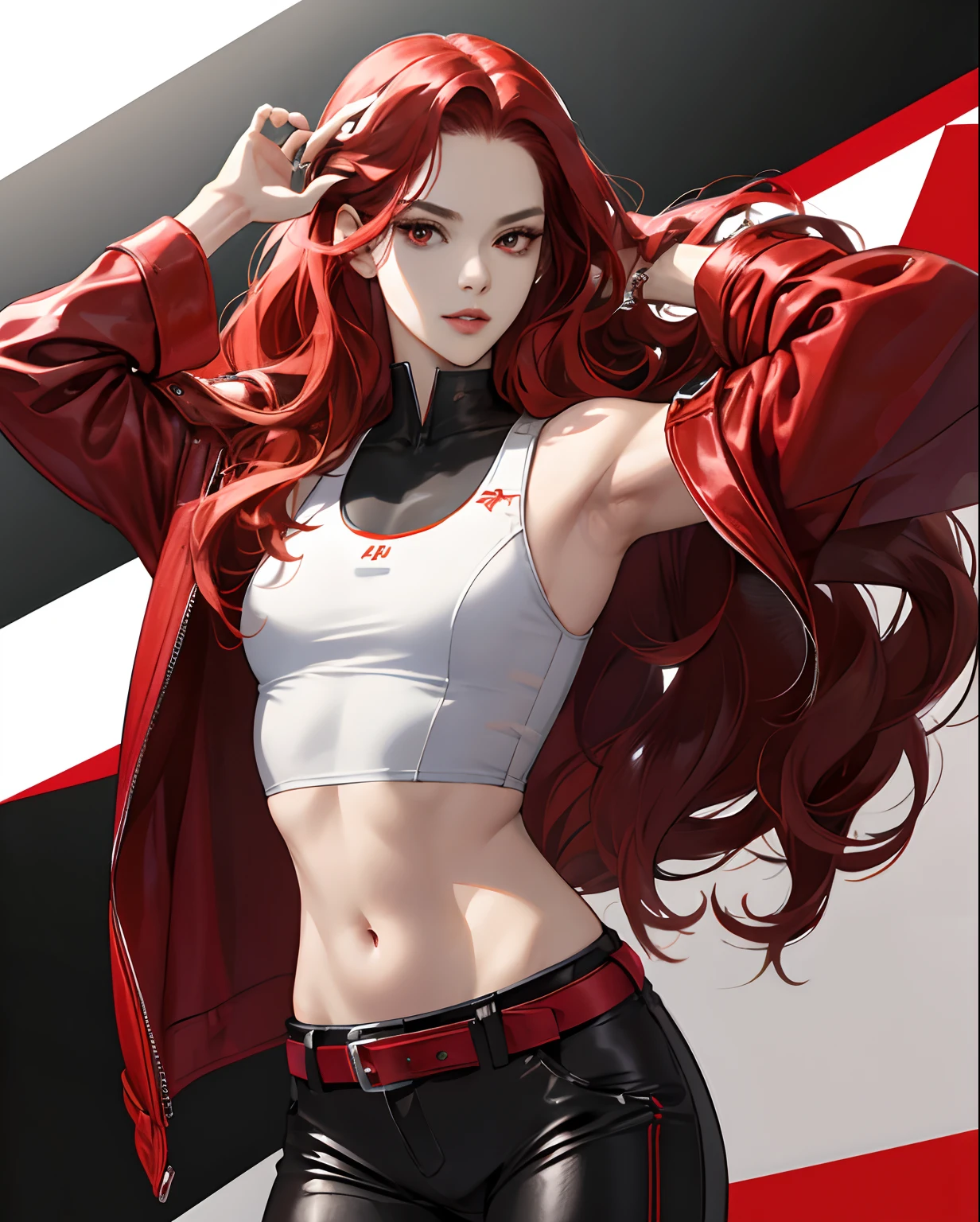 a cool,20th generation female,long red wavy hair,Wearing a long red leather coat,Leather Tight Pants,a belt,Navel Ejection,Tank Tops,glareing,With keen eyes,Realistic illustration girl、独奏、Parted lips、see the beholder、realisitic、racer,full face helmet,20-year-old beauty,a cool,red eyes,length hair,waved hair,Forehead,Red and black and white racing suit,circuit,Racing car on background