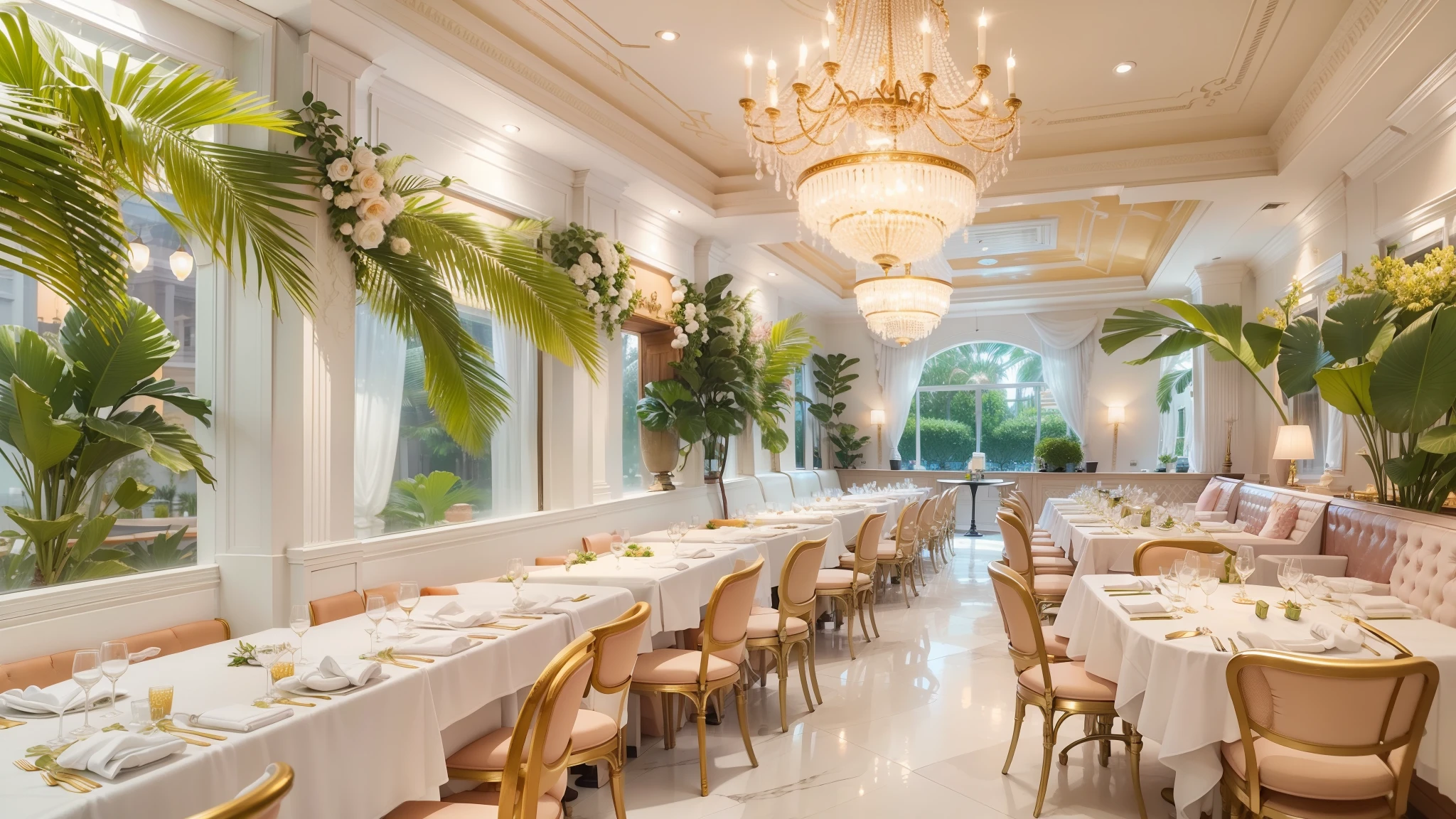 Garden style restaurant in Palm Beach, decorated in white, golds, Rosa