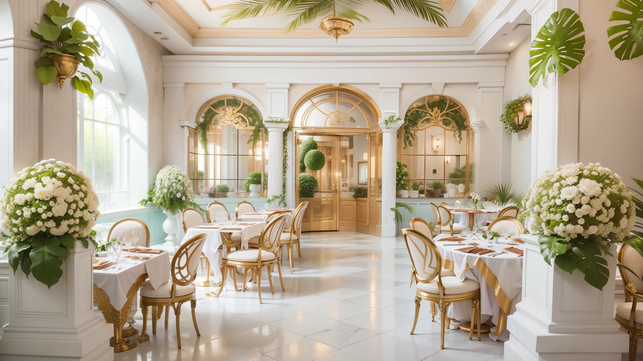 Garden style restaurant in Palm Beach, decorated in white, golds, Rosa