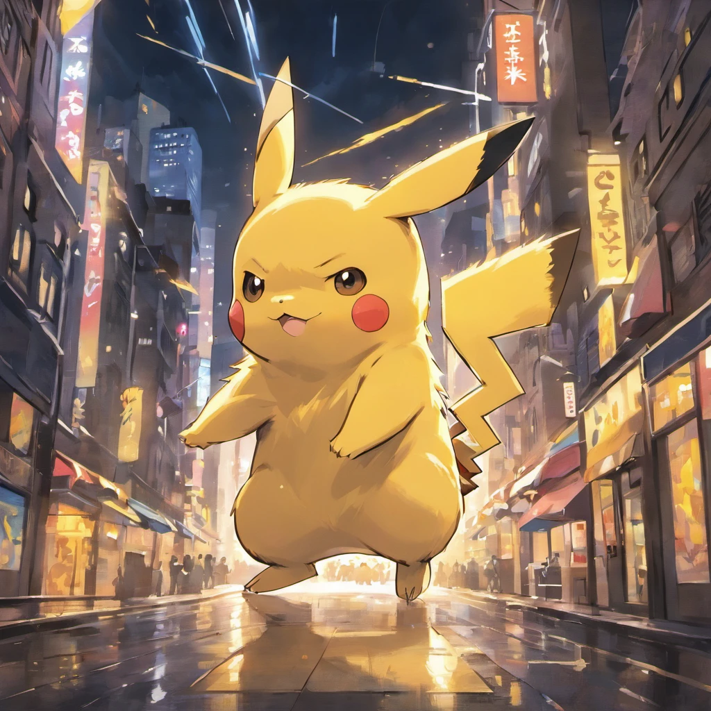A lively city with dark and gloomy vibes, filled with buildings that stretch across the streets. Graffiti covers the walls, adding a hint of urban artistry. The centerpiece of the scene is a vibrant and energetic Pikachu, standing proudly in the midst of the city chaos. Its electrifying yellow fur radiates with intensity, contrasting against the dull and muted color palette of the cityscape. The Pikachu's dark and piercing eyes stare confidently, captivating anyone who gazes upon it. The city lights cast dramatic shadows, adding depth and mystery to the surroundings. The overall image is of high quality, with ultra-detailed textures and realistic rendering. The artwork showcases vivid colors, with a slight touch of HDR to enhance the visual impact. The combination of the lively Pikachu and the dark city atmosphere creates a unique and captivating art piece.