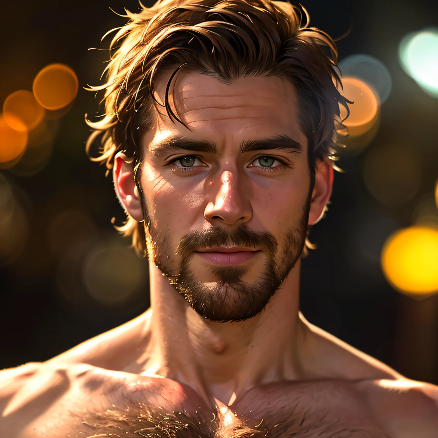 masterpiece, best quality, close-up portait, handsome shirtless scruffy daddy, (bokeh), realistic, dramatic lighting, atmospheric, intricate detail