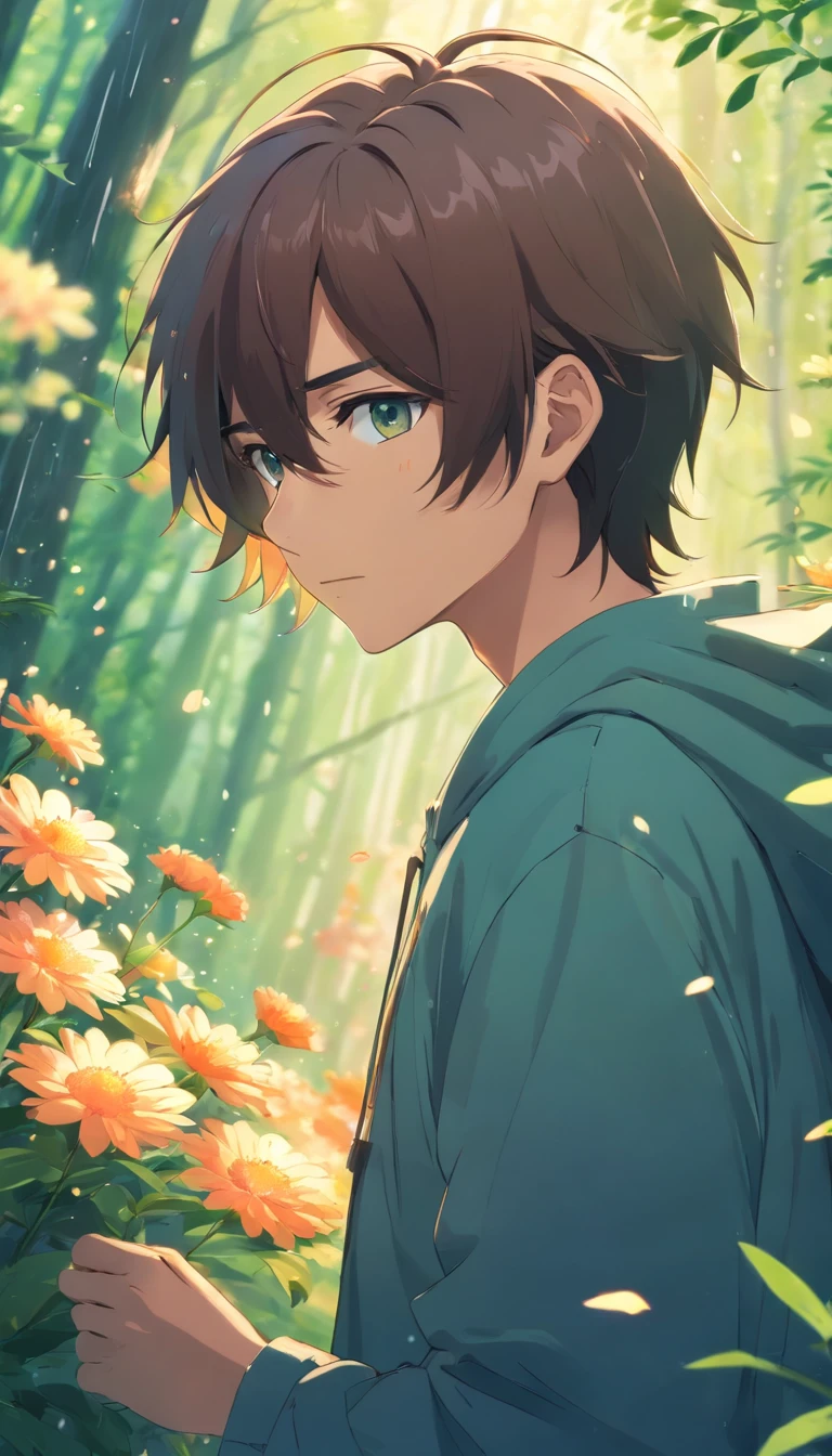 Anime boy with long hair and hair flowers, Beautiful anime artwork, style of anime4 K, Anime art wallpaper 4k,Rainy days，janelas，the woods，Bust photo