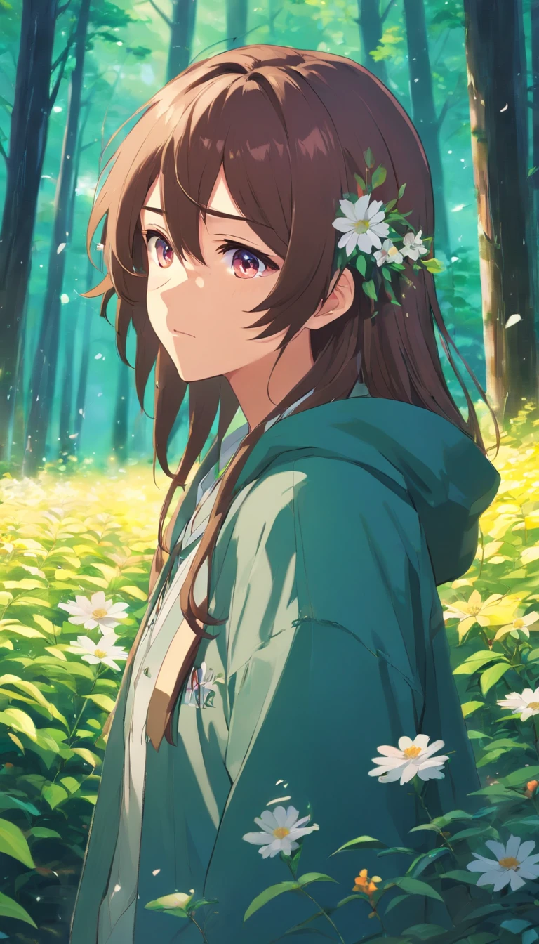 Anime boy with long hair and hair flowers, Beautiful anime artwork, style of anime4 K, Anime art wallpaper 4k,Rainy days,janelas,the woods,Bust photo
