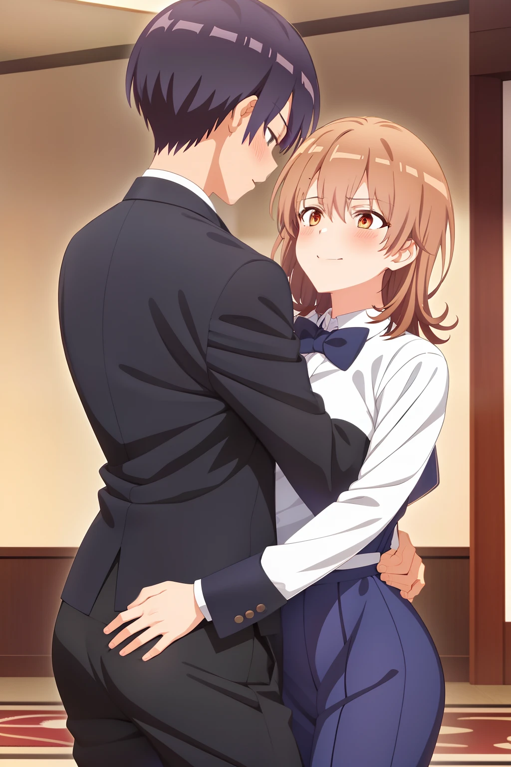 1girl,1boy, isshiki iroha in a tuxedo and jeans , Butler,Waltz dance, feminine boy, izumi yuu in female dress, iroha badass