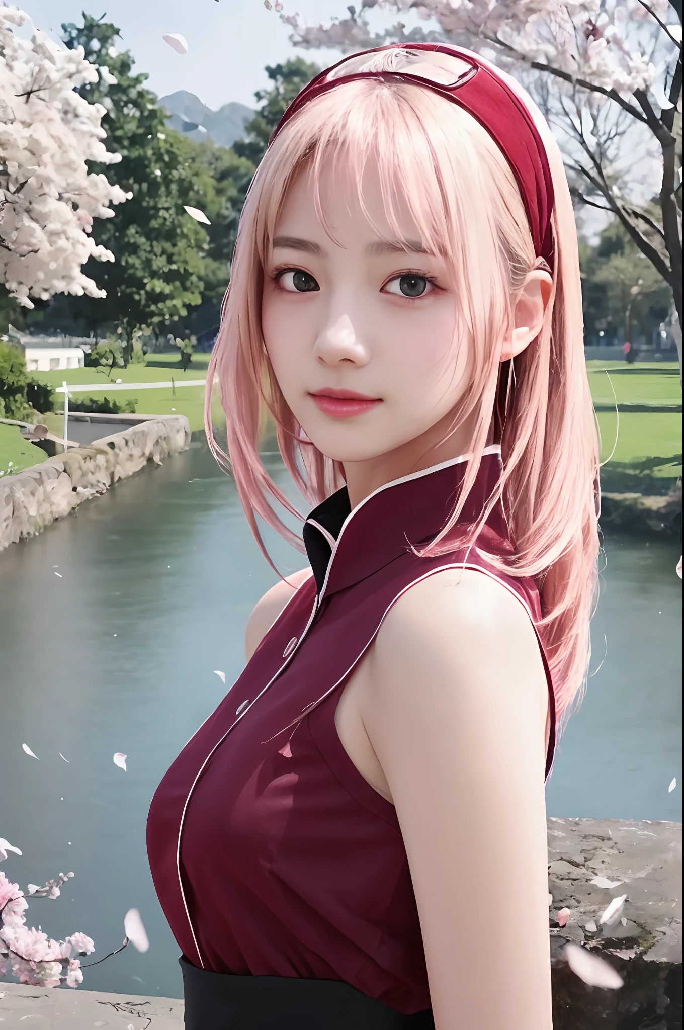 Sakura uchiha. A woman was at the cherry blossom garden. Her pink hair looks soft. Her skin was white and her lips were red. His eyes were green staring softly with a slit of his hair on the right. The clothes. A red one makes her look even more graceful. And those little silver earrings make a really cute impression. Beautiful and so realistic