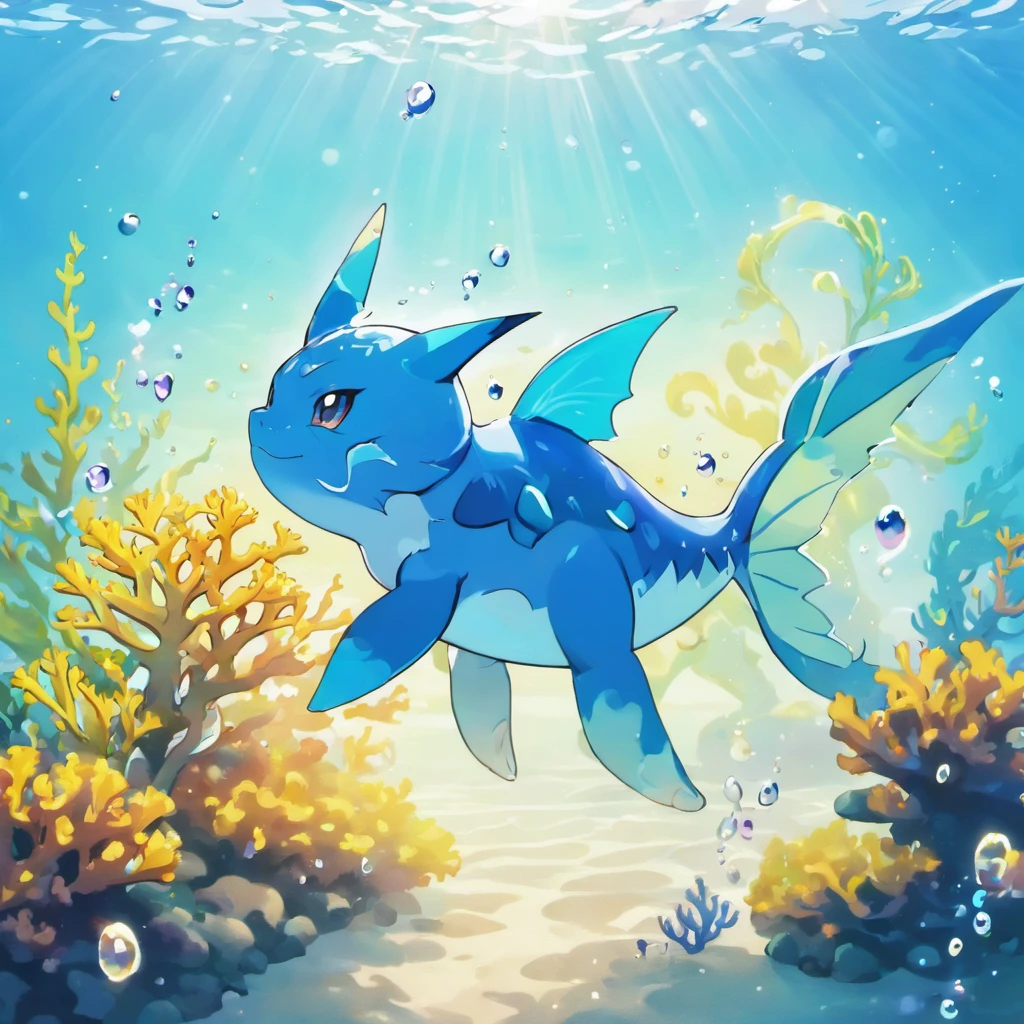 (best quality,4k,8k,highres,masterpiece:1.2),ultra-detailed,(realistic,photorealistic,photo-realistic:1.37),bright colours,lively ocean,vivid water texture,high-definition waves,shimmering surface,sunlight reflection,ocean breeze,splashing water droplets,crystal clear ocean,ray of light piercing through the water,sparkling underwater scene,ethereal glows,playful Vaporeon silhouette gracefully swimming,mesmerizing underwater coral reefs,colorful and vibrant aquatic plants,dreamlike atmosphere,serene and tranquil,seamless blend of fantasy and reality,wonder of underwater world,imagination come to life,emotional connection with nature
