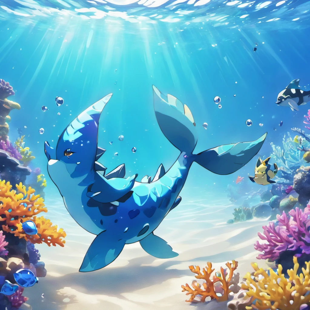 (best quality,4k,8k,highres,masterpiece:1.2),ultra-detailed,(realistic,photorealistic,photo-realistic:1.37),bright colours,lively ocean,vivid water texture,high-definition waves,shimmering surface,sunlight reflection,ocean breeze,splashing water droplets,crystal clear ocean,ray of light piercing through the water,sparkling underwater scene,ethereal glows,playful Vaporeon silhouette gracefully swimming,mesmerizing underwater coral reefs,colorful and vibrant aquatic plants,dreamlike atmosphere,serene and tranquil,seamless blend of fantasy and reality,wonder of underwater world,imagination come to life,emotional connection with nature