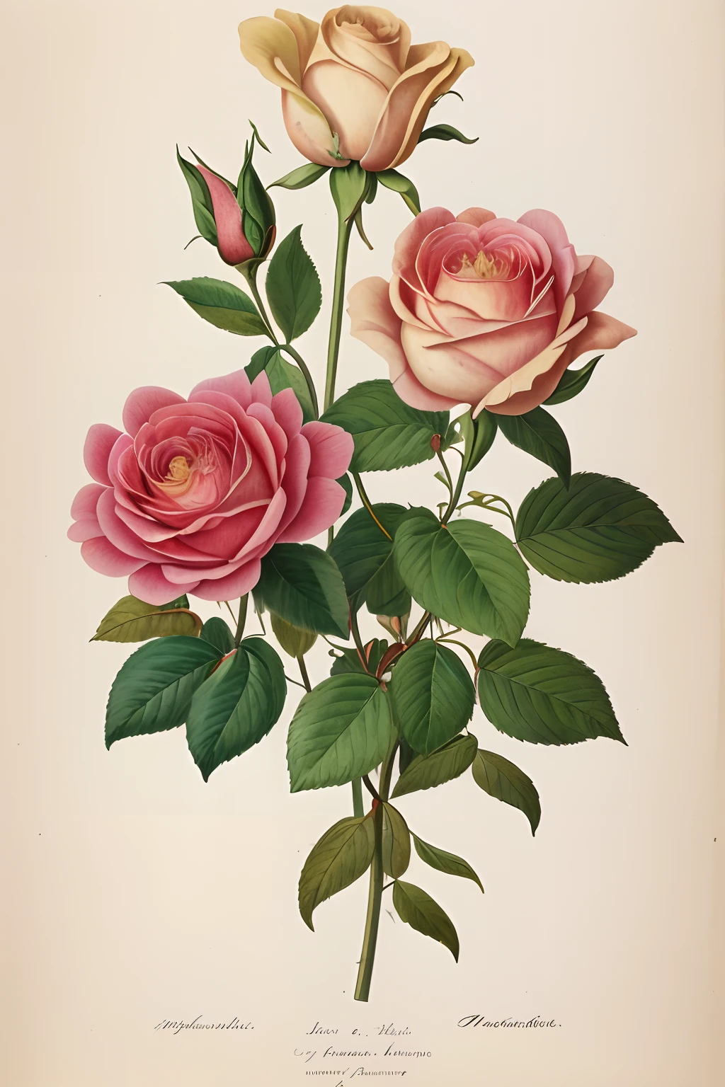 (best quality:1.2), (detailed:1.2), (masterpiece:1.2), vintage botanical illustrations of Larger Provence Rose (1770 1775) in high resolution by John Edwards