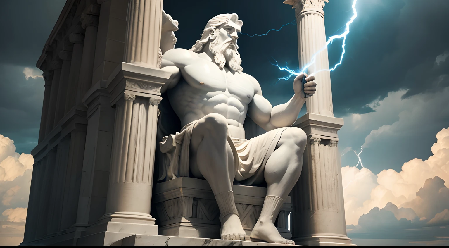 The statue depicts the Greek gods in a majestic and imposing scene. No centro, there's Zeus, o rei dos deuses, sitting on a white marble throne. He is depicted as a middle-aged man, com longos cabelos e barba, wearing a richly decorated tunic and holding a lightning bolt in one hand, symbol of his power over thunder and lightning.