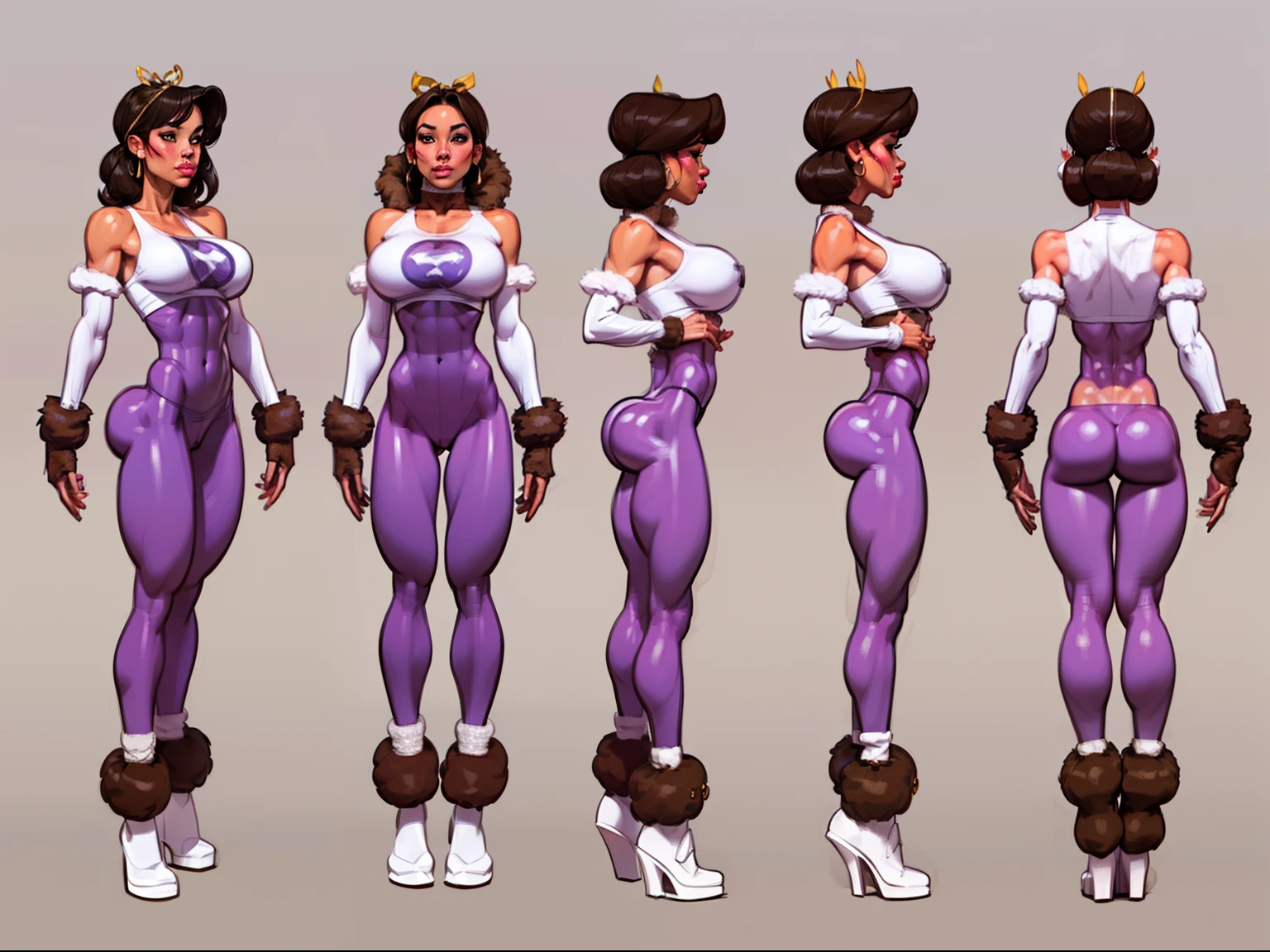 ((masterpiece)),(((best quality))),((character design sheet)), ((full body view)) ((native american girl)) mature face, defined cheekbones, high cheekbones, illustration, native girl, muscular, ((detailed face:1.4)) beautiful woman, (Fringe clothing:1.4), (thick fur leg warmers:1.6), (beaded moccasins:1.4) (ribbon dresses:1.3) , shiny skin, scribbles and marks,(puffy lips:1.4) , rough sketches, pose, 8k,16k, (simple background, white background: 1.3) white and blue color palette, brown legs, brown arms, brown face