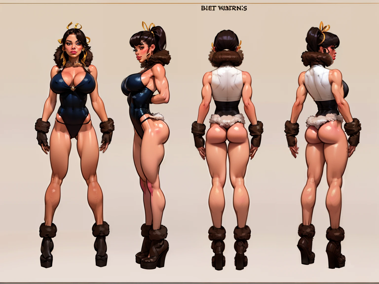 ((masterpiece)),(((best quality))),((character design sheet)), ((full body view)) ((native american girl)) mature face, defined cheekbones, high cheekbones, illustration, native girl, muscular, ((detailed face:1.4)) beautiful woman, (Fringe clothing:1.4), (thick fur leg warmers:1.6), (beaded moccasins:1.4) (ribbon dresses:1.3) , shiny skin, scribbles and marks,(puffy lips:1.4) , rough sketches, pose, 8k,16k, (simple background, white background: 1.3) white and blue color palette, brown legs, brown arms, brown face