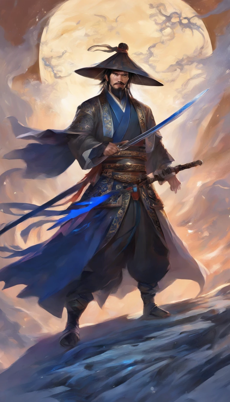 middle aged man, Evil painting style, A high resolution, Black color hair, Half is the body of a demon，Half a demon face, Chinese Warrior, Delicate three-dimensional blue flame demon face, sbeard, Wearing a hat, Expression of anger, Perfect body proportions, kaftan, Black and white robes, A scabbard hangs from his waist, Handsome, The seven-doppelganger has an unobstructed view, standing on your feet, （White background：1.3）, swordsman, He held a long knife that was wide and heavy in his hand。。。。。。。。。。。。。。。。。。。。。。。。。。。。, Face the lens, （Blackn clothes：0.8）, High detail, Masterpiece, ccurate, Anatomically correct, Textured skin