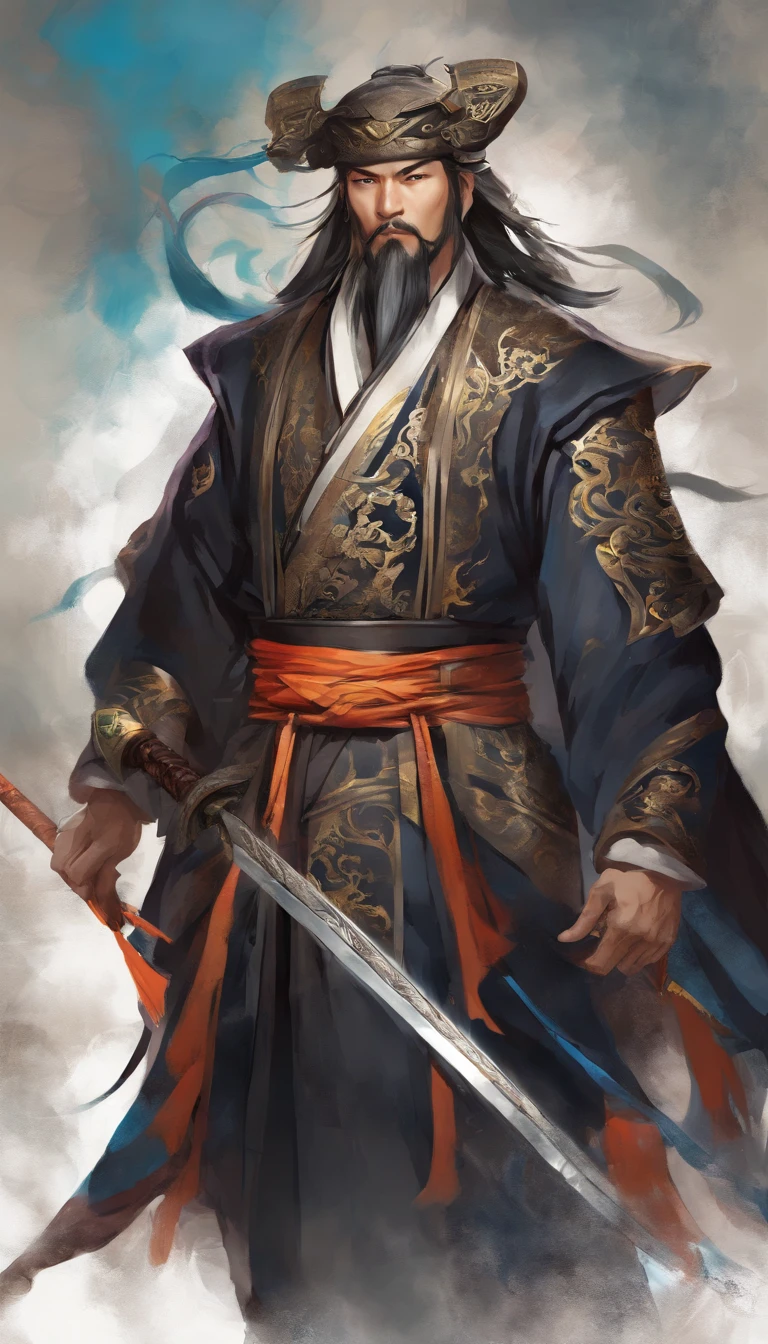middle aged man, Evil painting style, A high resolution, Black color hair, Half is the body of a demon,Half a demon face, Chinese Warrior, Delicate three-dimensional blue flame demon face, sbeard, Wearing a hat, Expression of anger, Perfect body proportions, kaftan, Black and white robes, A scabbard hangs from his waist, Handsome, The seven-doppelganger has an unobstructed view, standing on your feet, (White background:1.3), swordsman, He held a long knife that was wide and heavy in his hand。。。。。。。。。。。。。。。。。。。。。。。。。。。。, Face the lens, (Blackn clothes:0.8), High detail, Masterpiece, ccurate, Anatomically correct, Textured skin