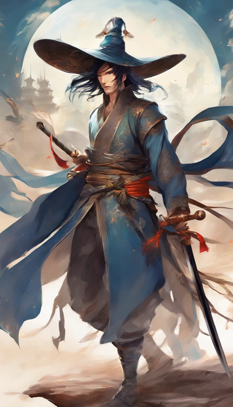 middle aged man, Evil painting style, A high resolution, Black color hair, Half is the body of a demon，Half a demon face, Chinese Warrior, Delicate three-dimensional blue flame demon face, sbeard, Wearing a hat, Expression of anger, Perfect body proportions, kaftan, Black and white robes, A scabbard hangs from his waist, Handsome, The seven-doppelganger has an unobstructed view, standing on your feet, （White background：1.3）, swordsman, He held a long knife that was wide and heavy in his hand。。。。。。。。。。。。。。。。。。。。。。。。。。。。, Face the lens, （Blackn clothes：0.8）, High detail, Masterpiece, ccurate, Anatomically correct, Textured skin