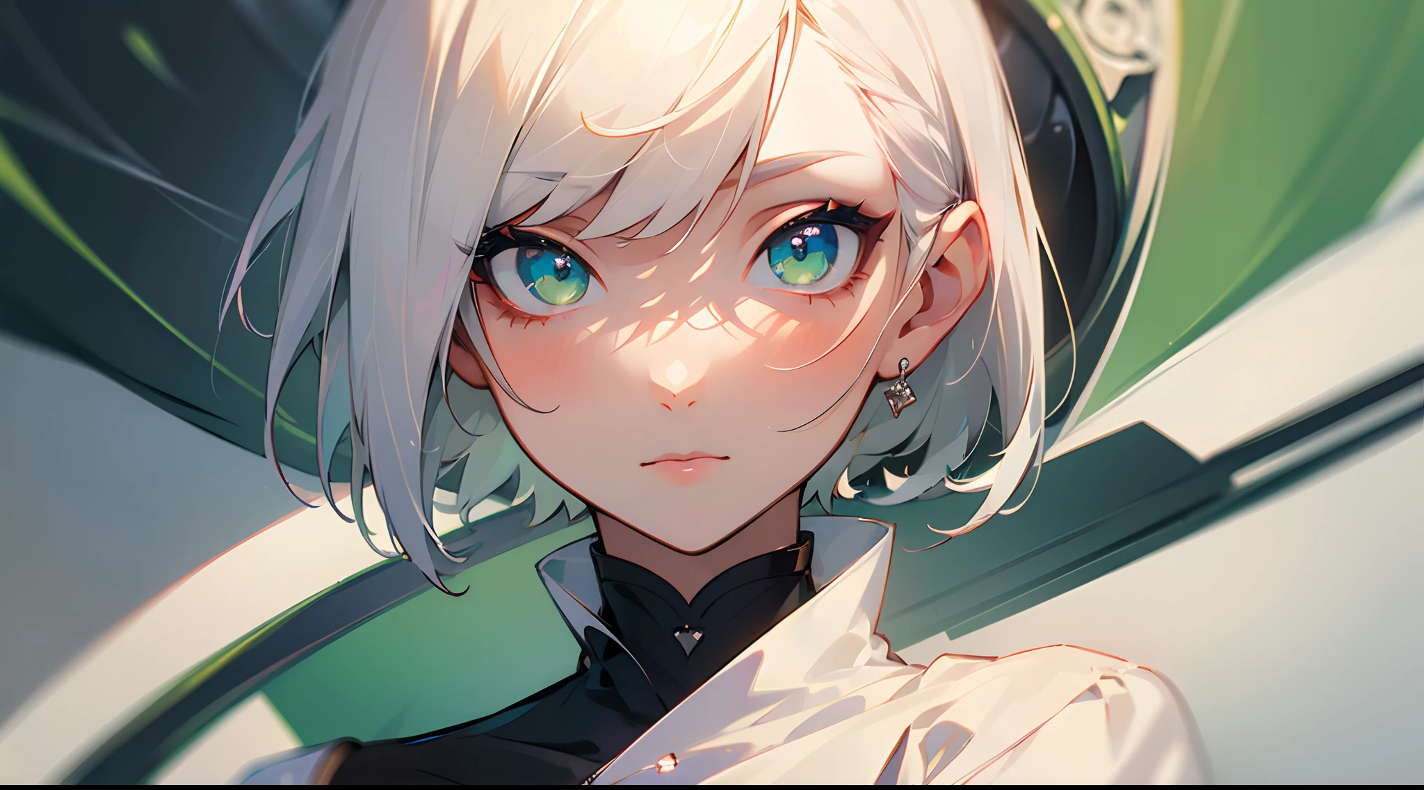 ((masterpiece,best quality)), 1girl, solo, short hair, white hair, green eyes, --auto