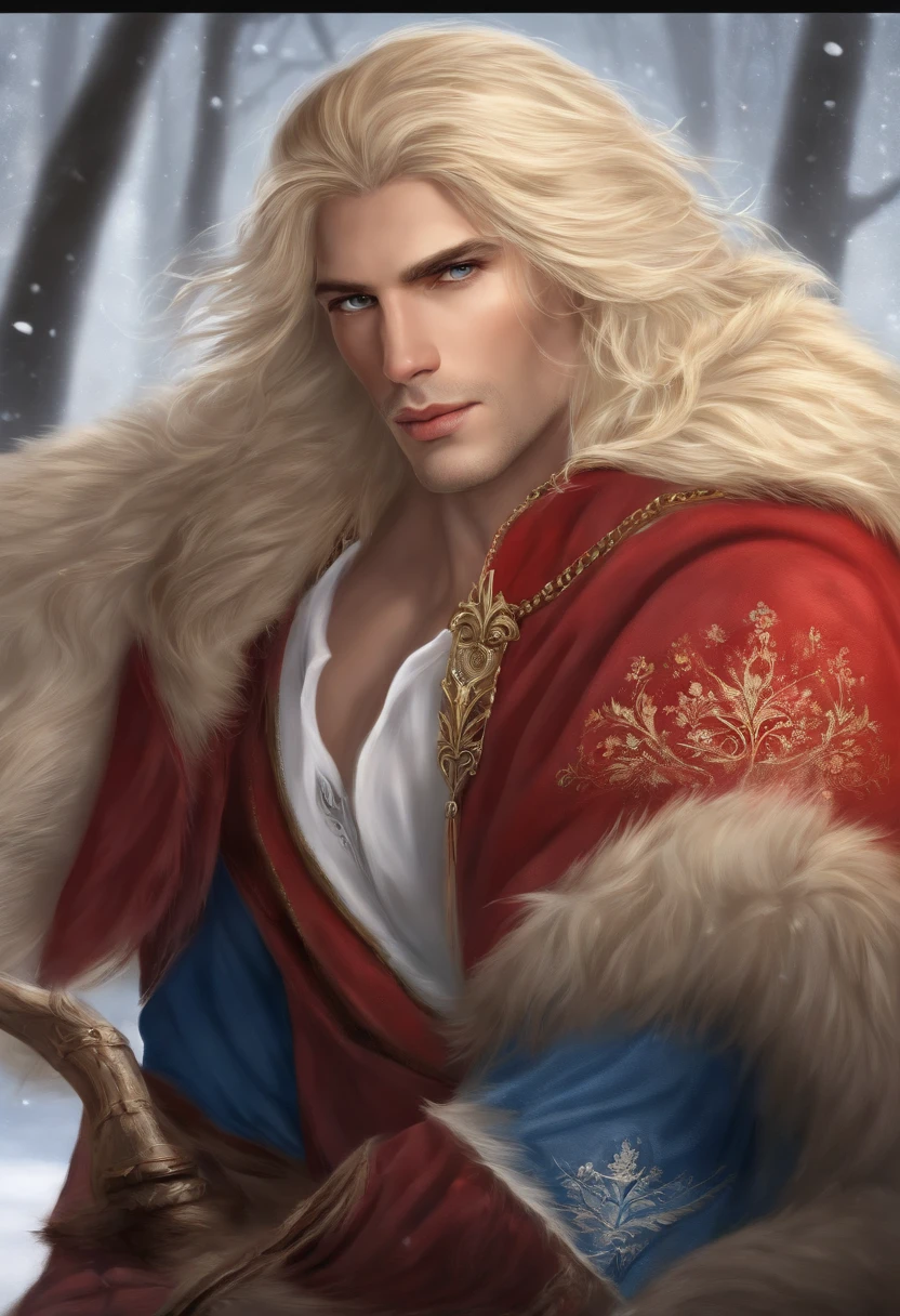 Eine realistische Skizze von meinen beiden Romanfiguren. Erstens: the king of the ice islands. Ein sehr gutaussehender Mann. He has light blond hair and wears a blue robe, also fur to keep warm. Er sieht eher ernst aus. Der andere ist der Prinz des Feuers. Ein ebenfalls sehr gutaussehender Mann. Er hat dunkle Haare, die er zu einem Dutt gebunden hat. He wears red robes, which are a bit more revealing and is a little made up around the eyes. Er sieht sehr sexy aus. Guckt aber ebenfalls ernst drein.