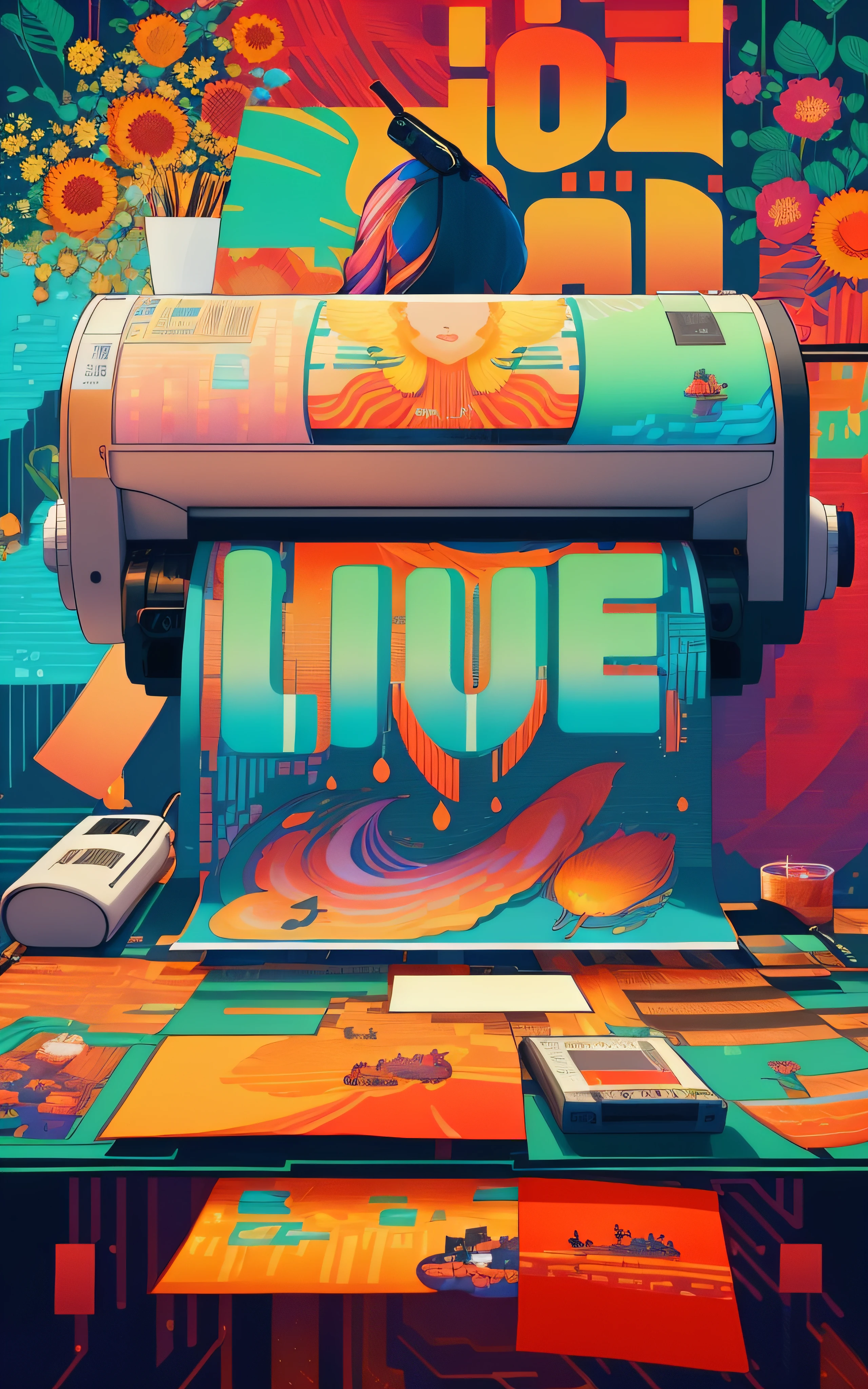 A digital illustration of a printer with a large screen, Imagens ao vivo, Live2D, livestream, Jen Bartel, Videoclipe do Festival 3HR ao vivo, concerto ao vivo, cores vivas, viver, poster illustration, detailed digital illustration, ( ( ( ( ( Dan Mumford ) ) ) ) ), SYMBOLS OF LIFE, baixo detalhamento. Pintura digital, live performance