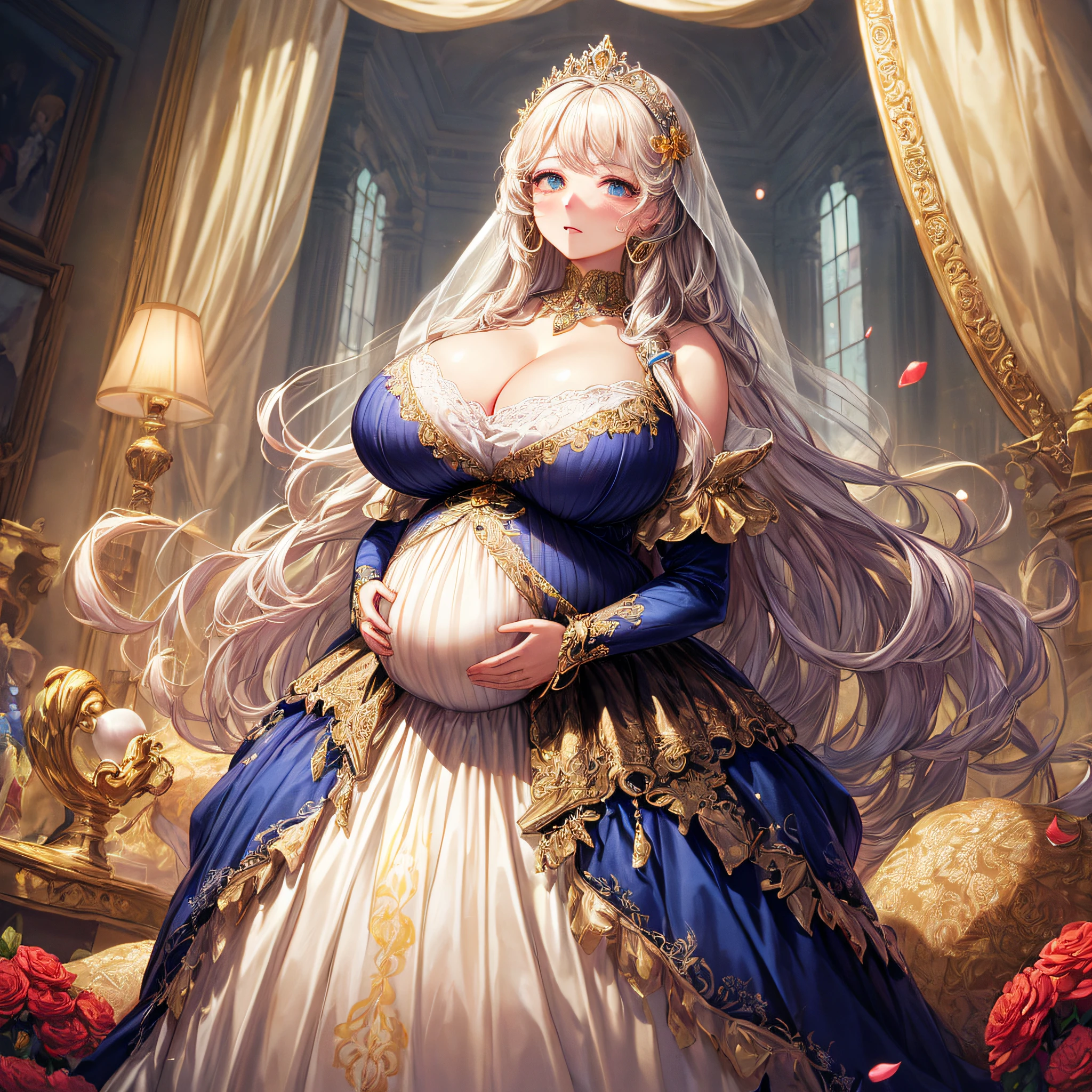 (masterpiece, best quality,extremely detailed:1.1),(moe anime art style:1.2),1girl,((full body,focus face)),((solo)), cute, kawaii,digital art,((1 bling-bling pregnant princess wearing beautiful embroidery and jeweled gorgeous rococo ballgown with jeweled voluminous full length hoop skirt)),(((heavily pregnant))),very big pregnant belly,((crinoline)),long train,voluminous frills,See-through,(gorgeous embroidery and beautiful lace),((very gigantic boobs,skindentation)),cleavage,shiny hair,(((very long hair,very long straight hair))),((embarrassed)),anguish,((finely detailed face and eyes)),clear pupil,extremely gorgeousfull hair ornament,(bling-bling jeweled extremely gorgeousfull tiara),(bling-bling gorgeous gemstone jewelry),long veil,(beautiful background),fantasy background,flowers,flower petals flowing,full body,((beautiful embroidery and jeweled ruffled gorgeous rococo ballgown with voluminous full length hoop skirt))